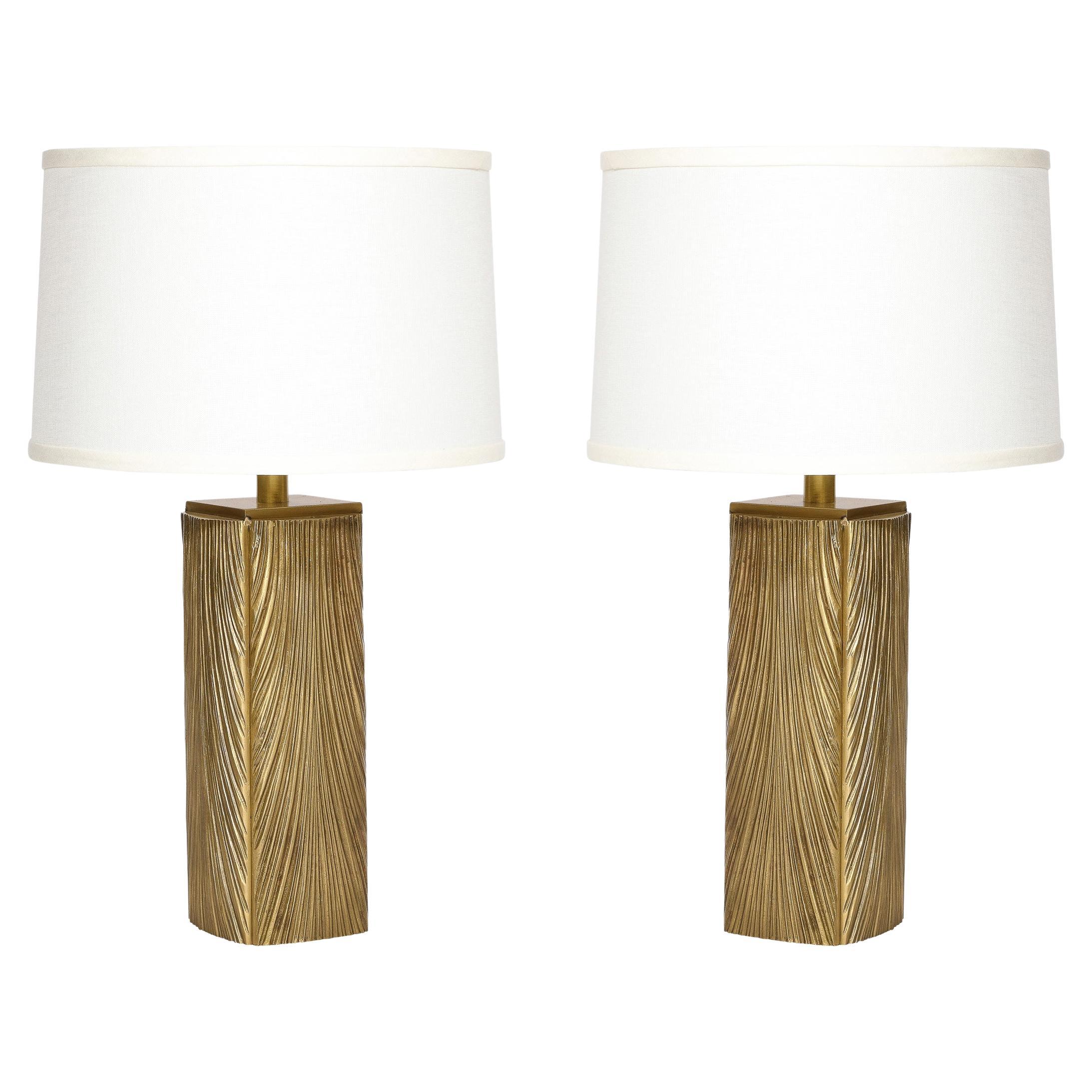 Pair of Midcentury Feathered Brushed Brass Table Lamps by Luciano Frigerio
