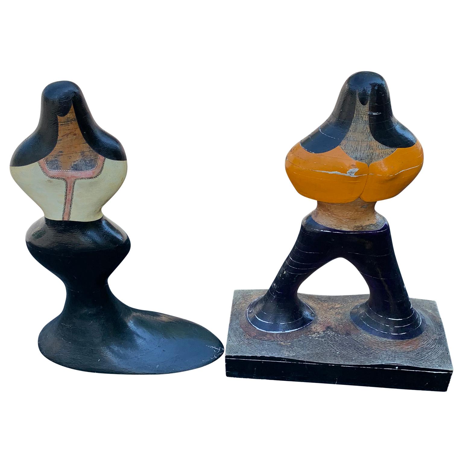 Pair Of Mid-Century Figurative Sculptures Of Woman And Man In Painted Wood 3