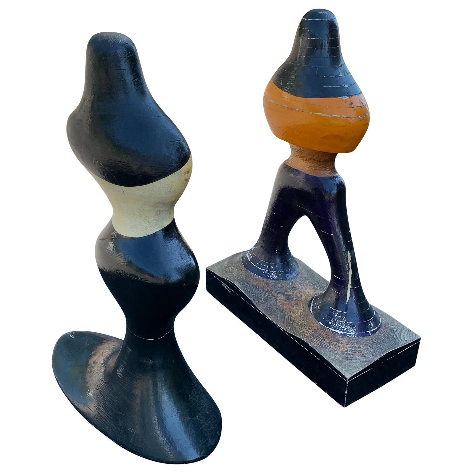 Hand-Carved Pair Of Mid-Century Figurative Sculptures Of Woman And Man In Painted Wood