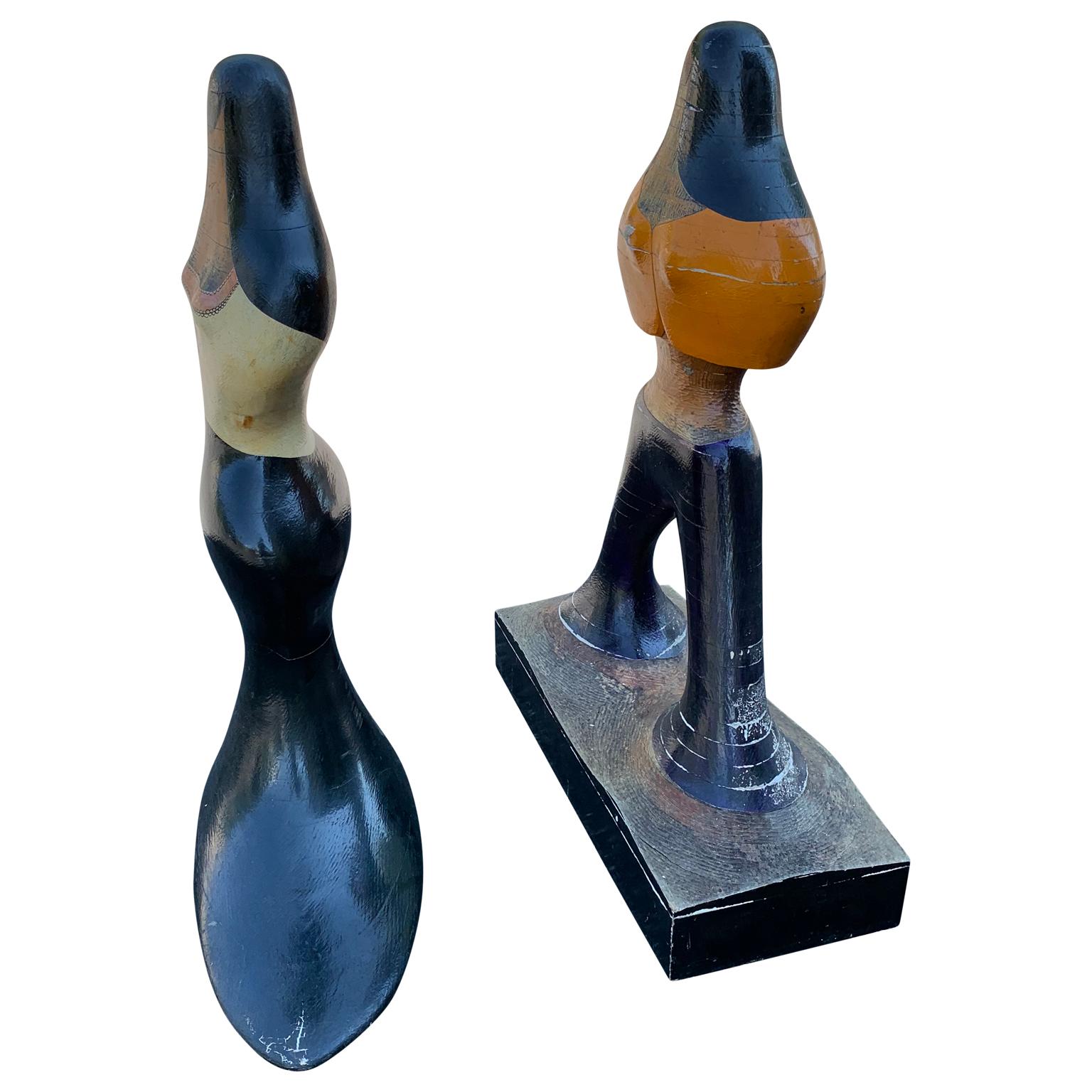 20th Century Pair Of Mid-Century Figurative Sculptures Of Woman And Man In Painted Wood