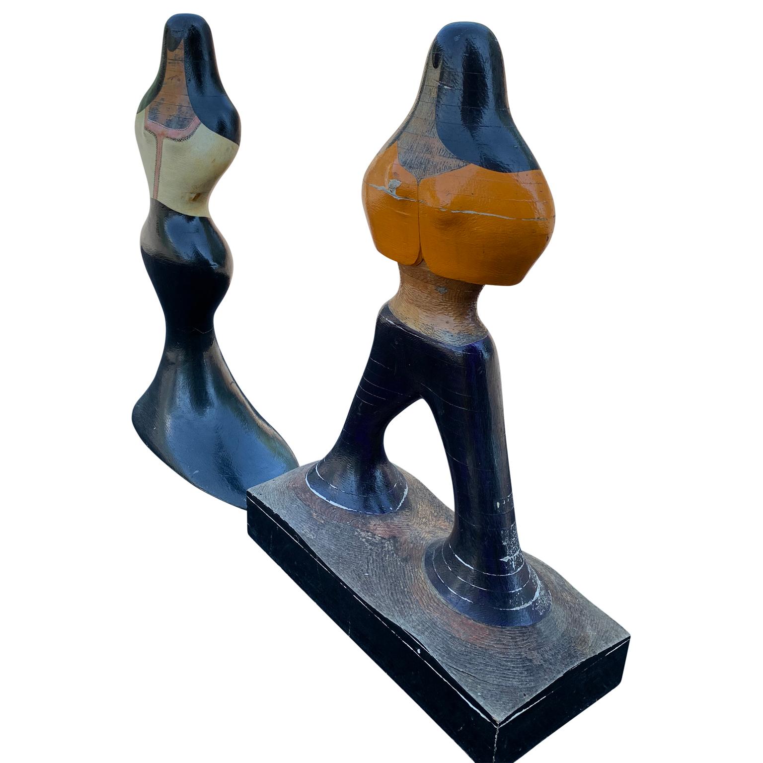 Pair Of Mid-Century Figurative Sculptures Of Woman And Man In Painted Wood 1