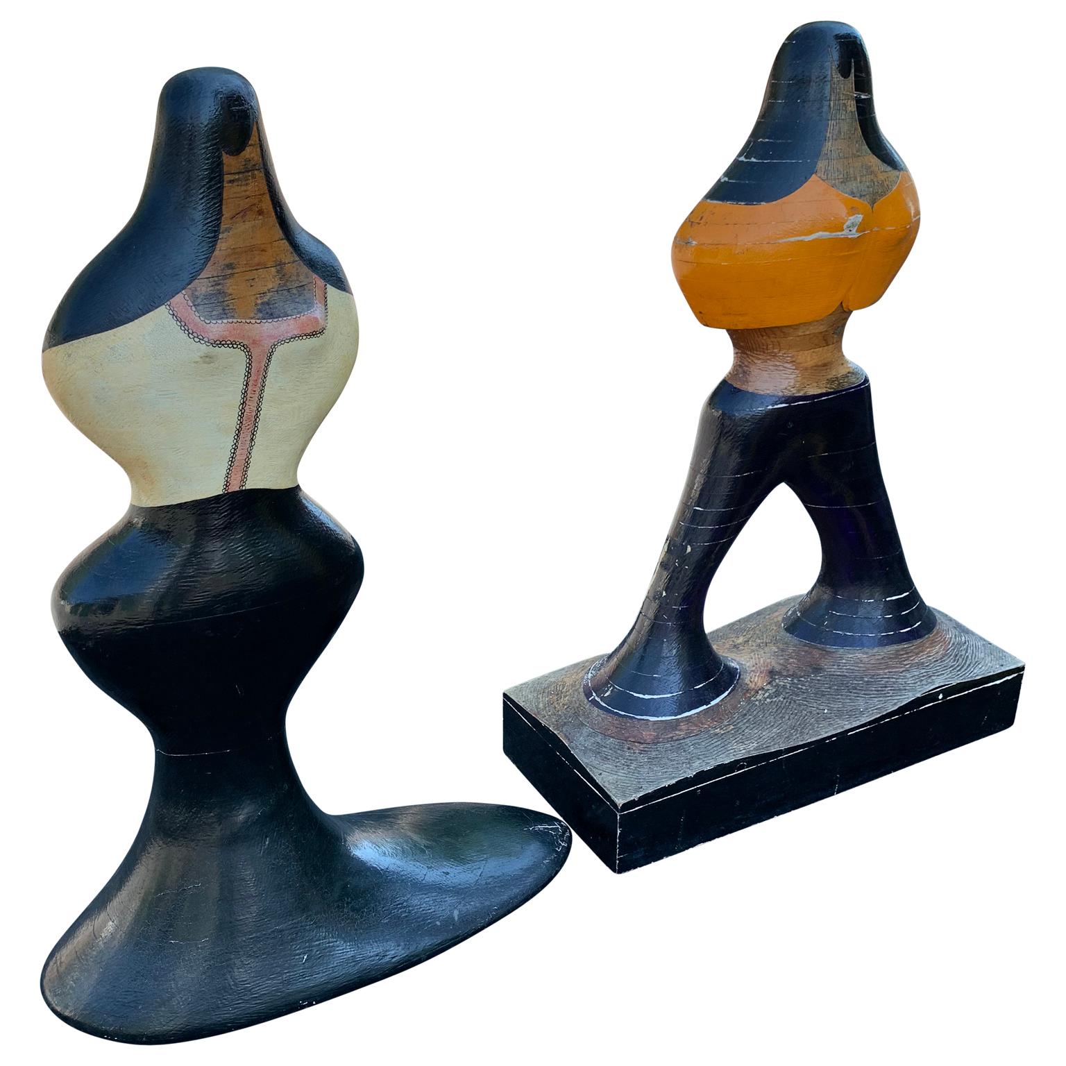 Pair Of Mid-Century Figurative Sculptures Of Woman And Man In Painted Wood 2