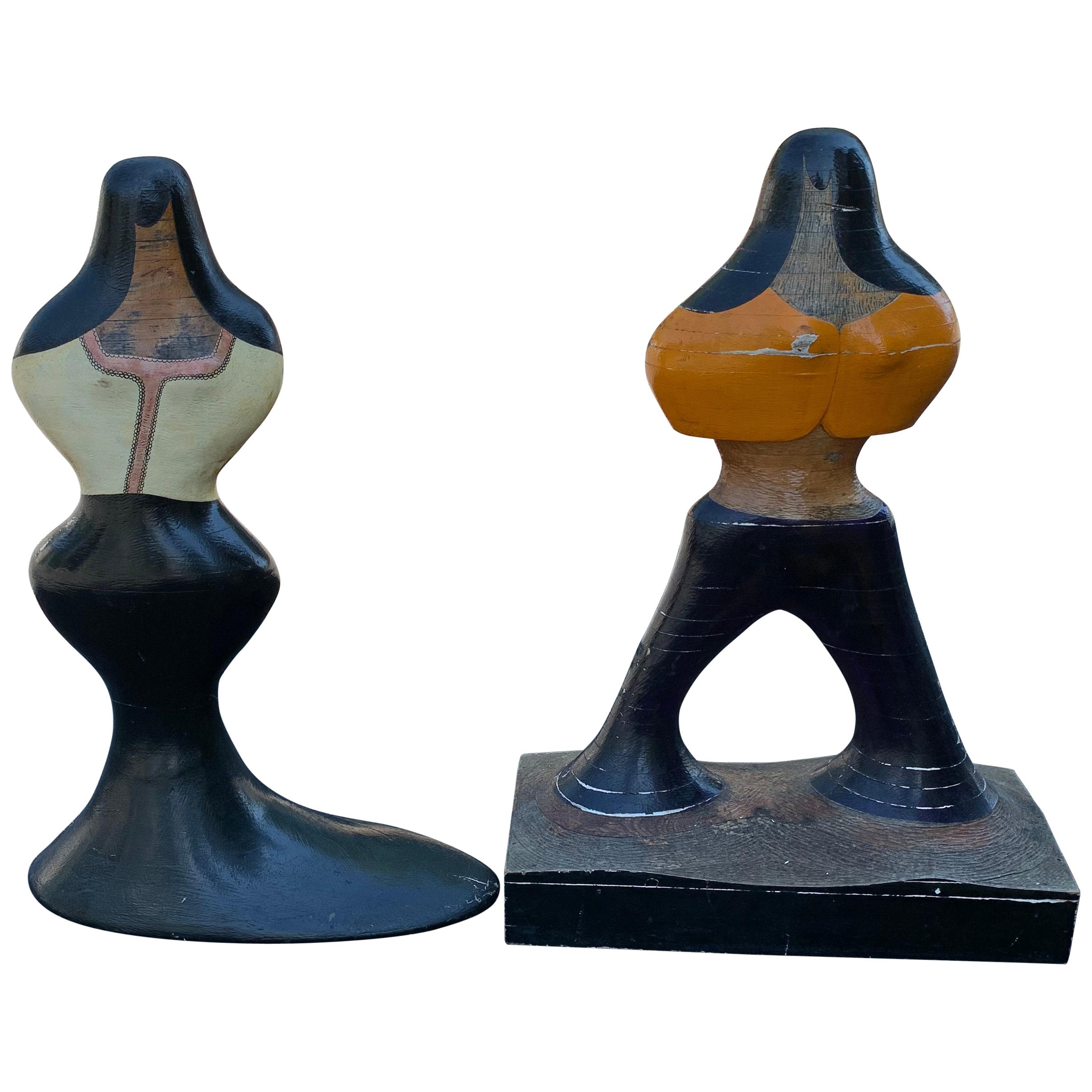 Pair Of Mid-Century Figurative Sculptures Of Woman And Man In Painted Wood