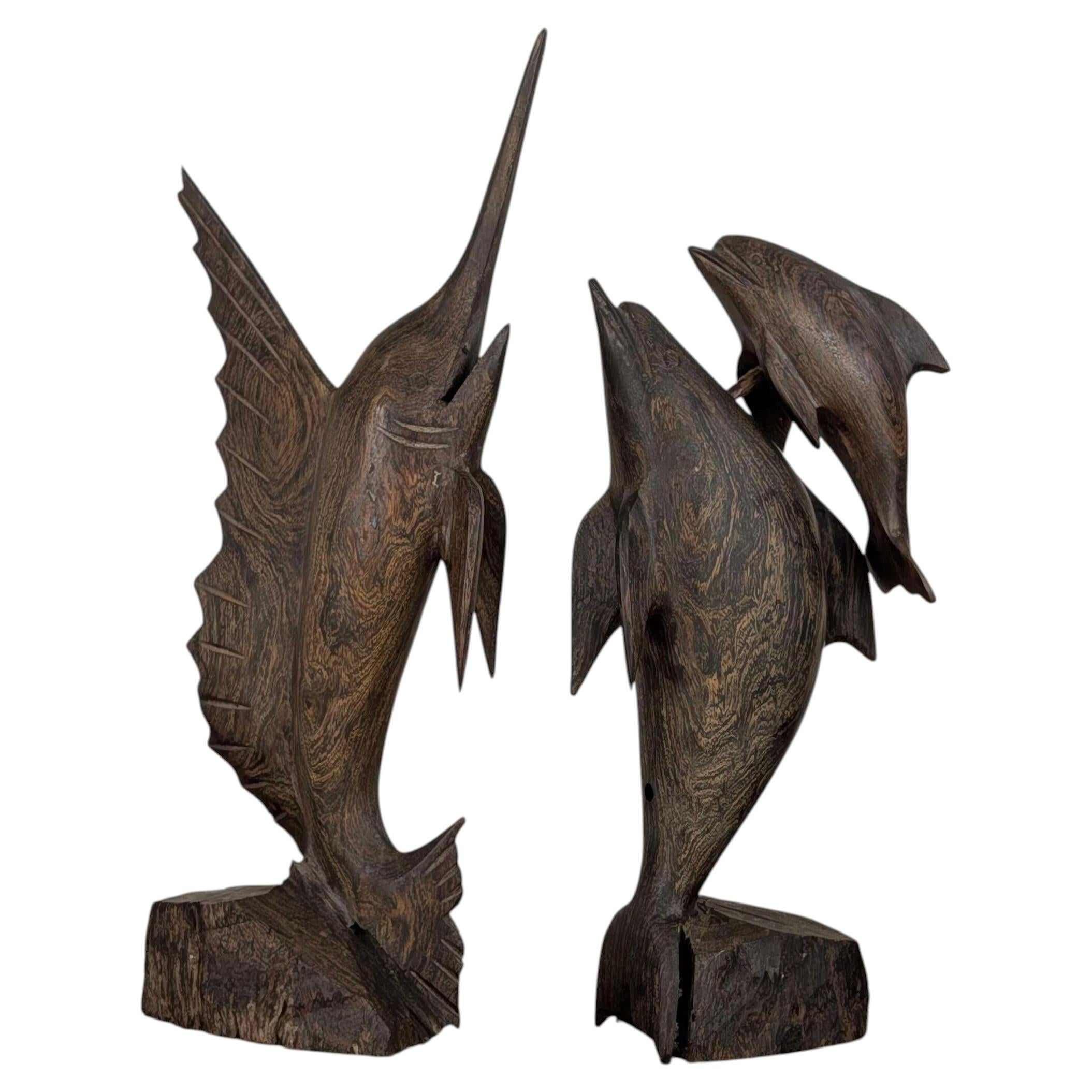 Pair of Mid Century Folk Art Ironwood Marine Carvings, Mexico