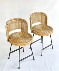 Pair of Mid Century Franco Albini Style Bamboo, Rattan and Iron Chairs