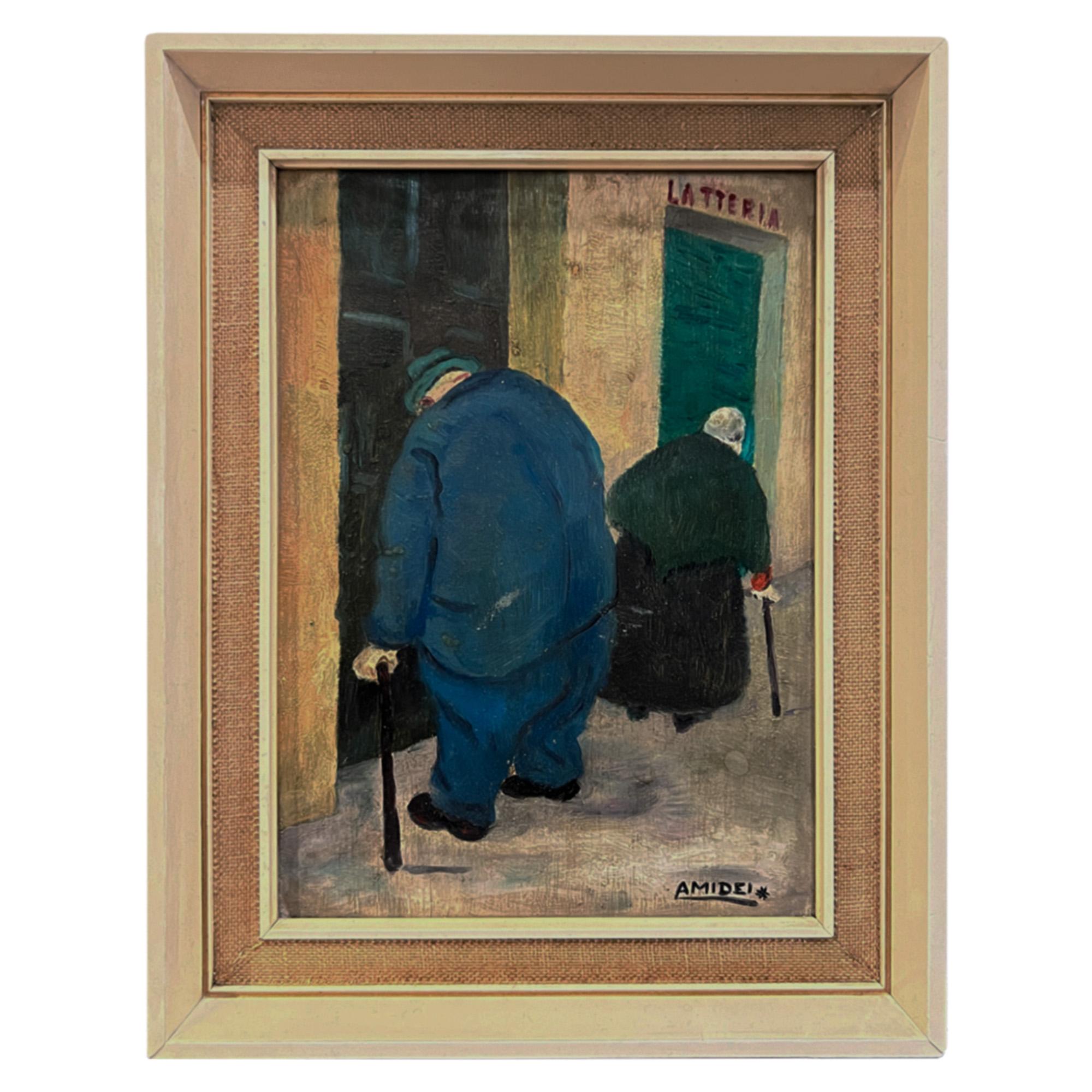 A lovely duo of small paintings by the Italian artist Franco Amidei - note how the man in the blue suit has changed a little over the years… Please take a look at all the pictures to see the details and colours.

Charming mid century, decorative