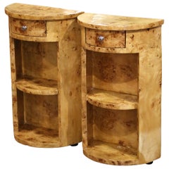 Pair of Mid-Century French Art Deco Burl Elm Bedside Tables Nightstands