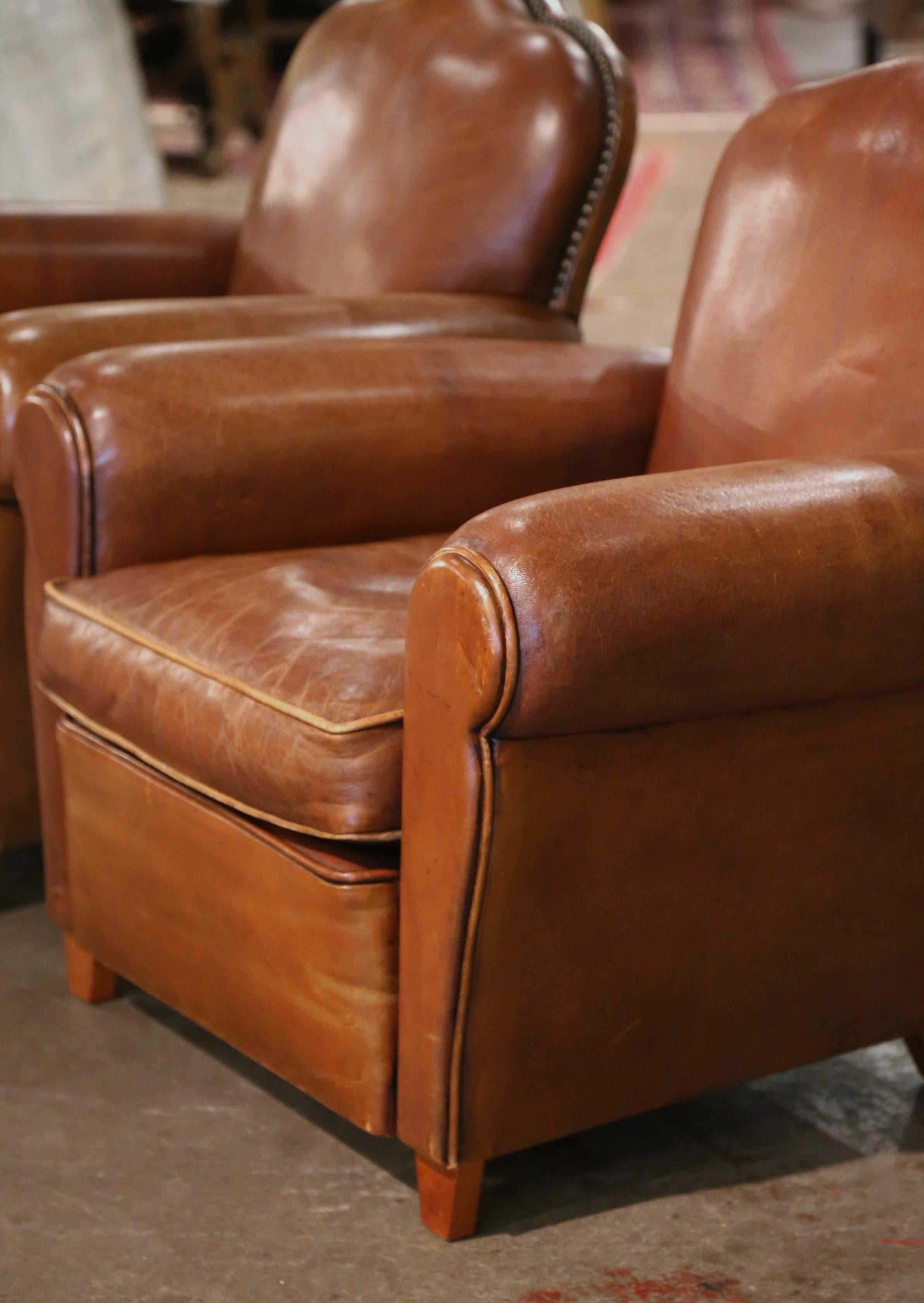 Pair of Midcentury French Art Deco Club Armchairs with Original Brown Leather 5