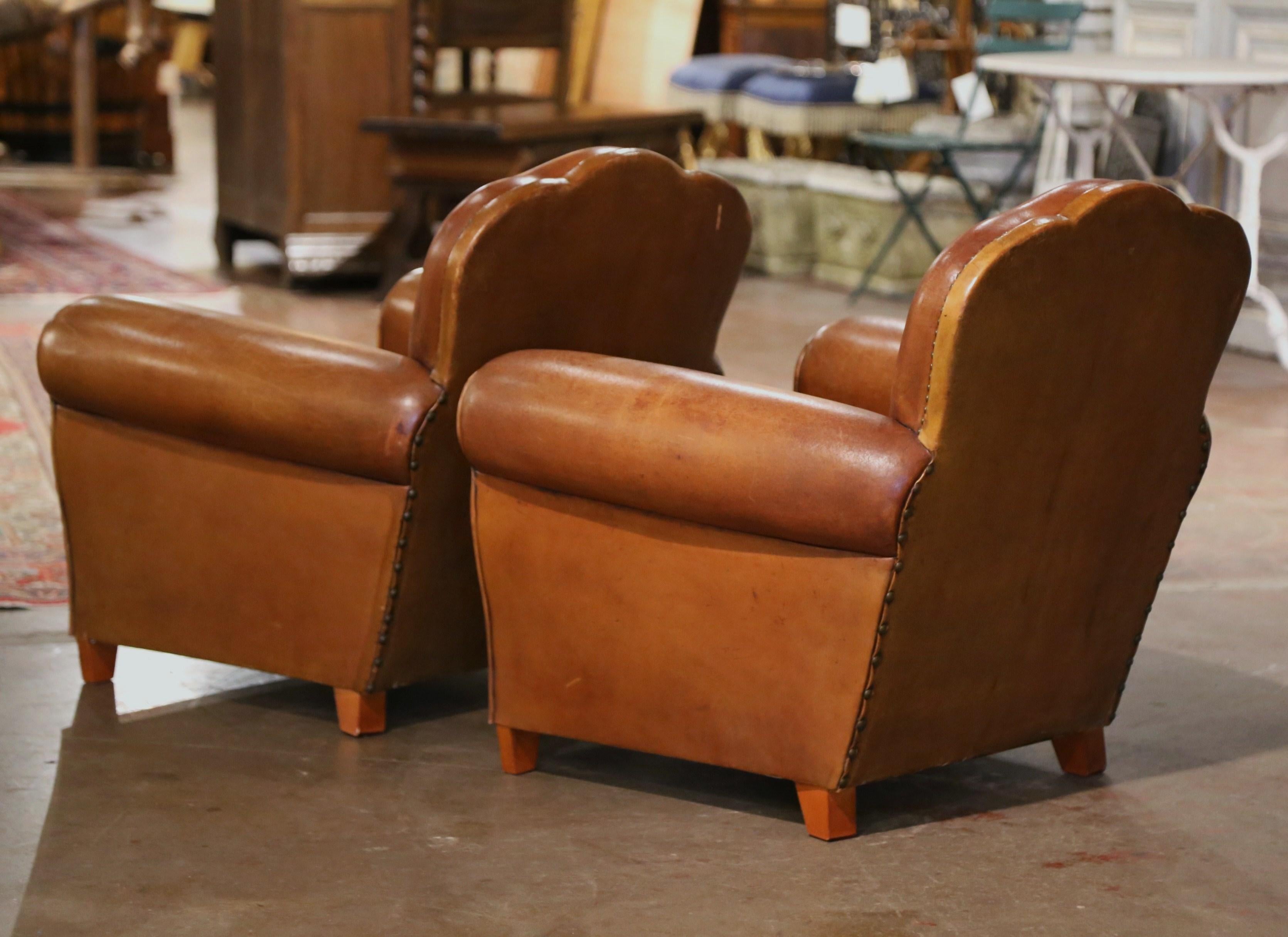 Pair of Midcentury French Art Deco Club Armchairs with Original Brown Leather 6