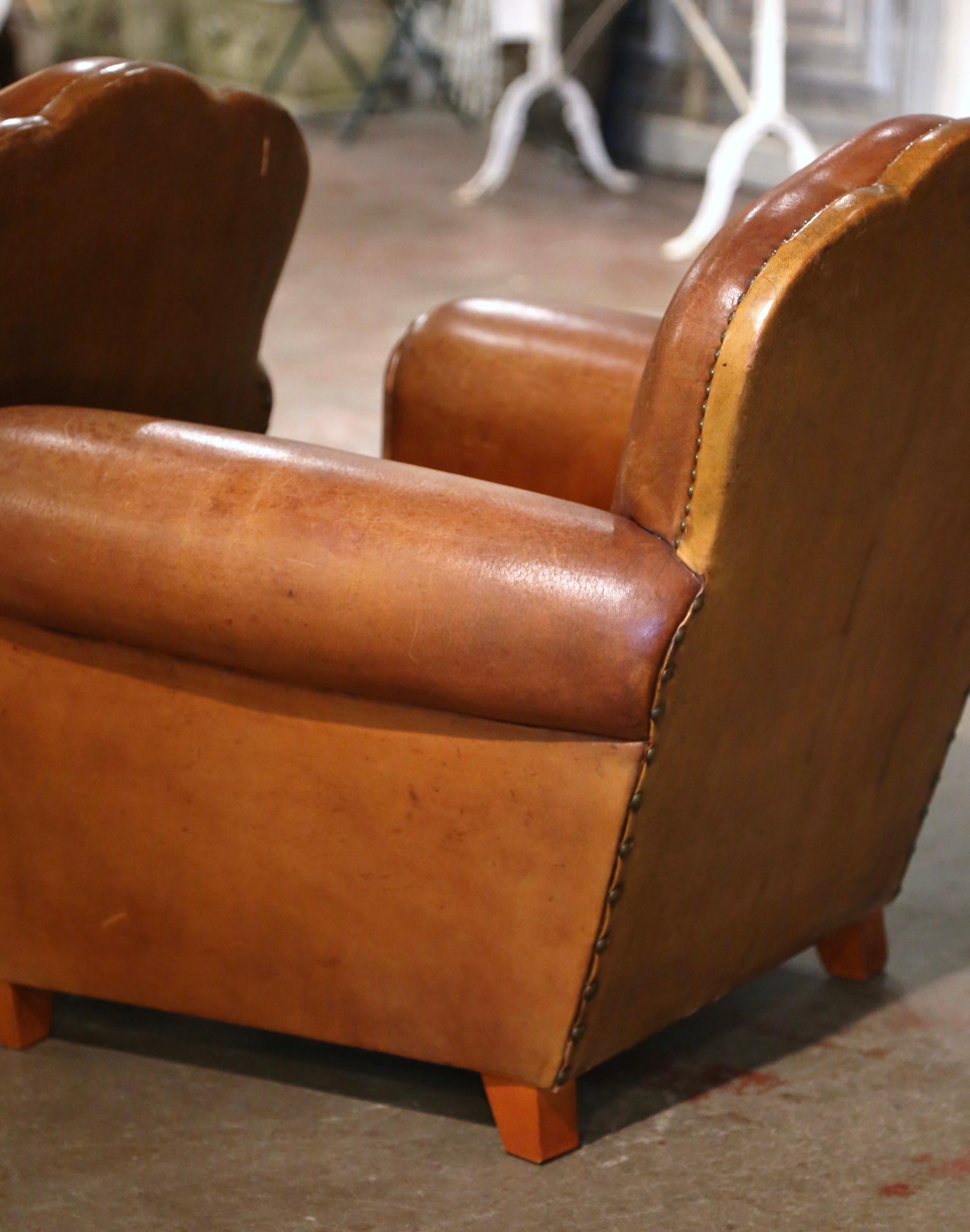 Pair of Midcentury French Art Deco Club Armchairs with Original Brown Leather 7