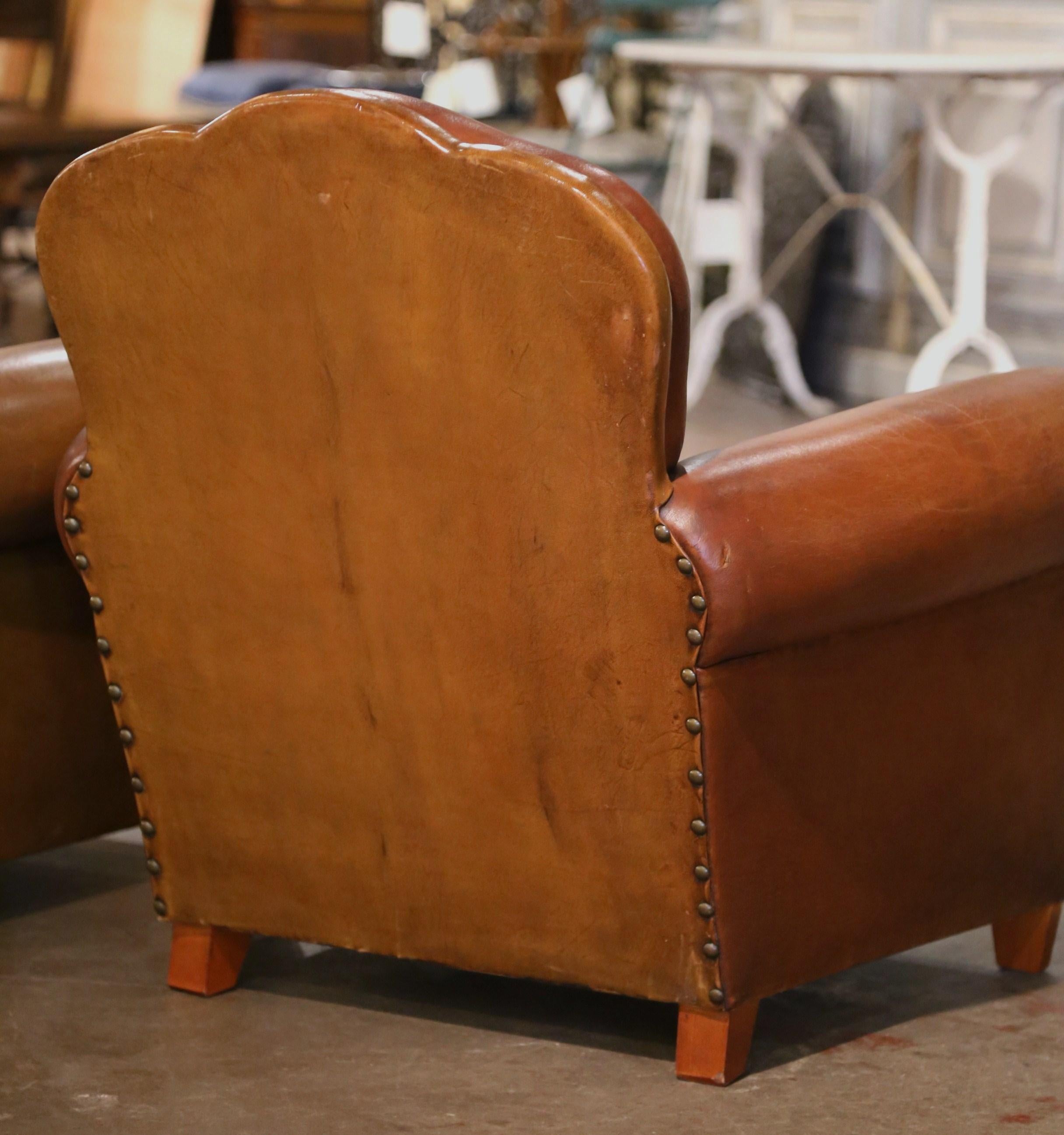 Pair of Midcentury French Art Deco Club Armchairs with Original Brown Leather 8