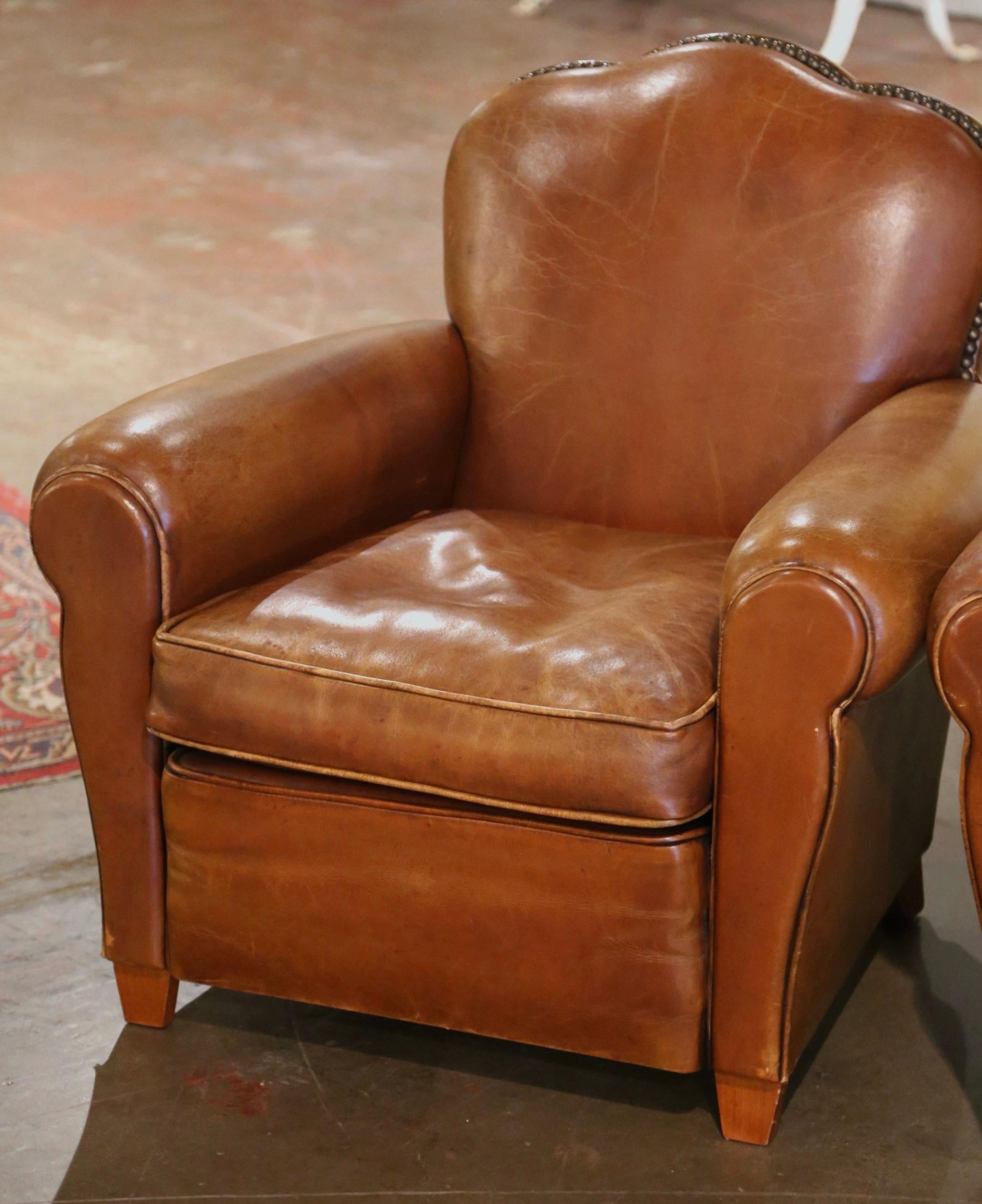 Hand-Crafted Pair of Midcentury French Art Deco Club Armchairs with Original Brown Leather