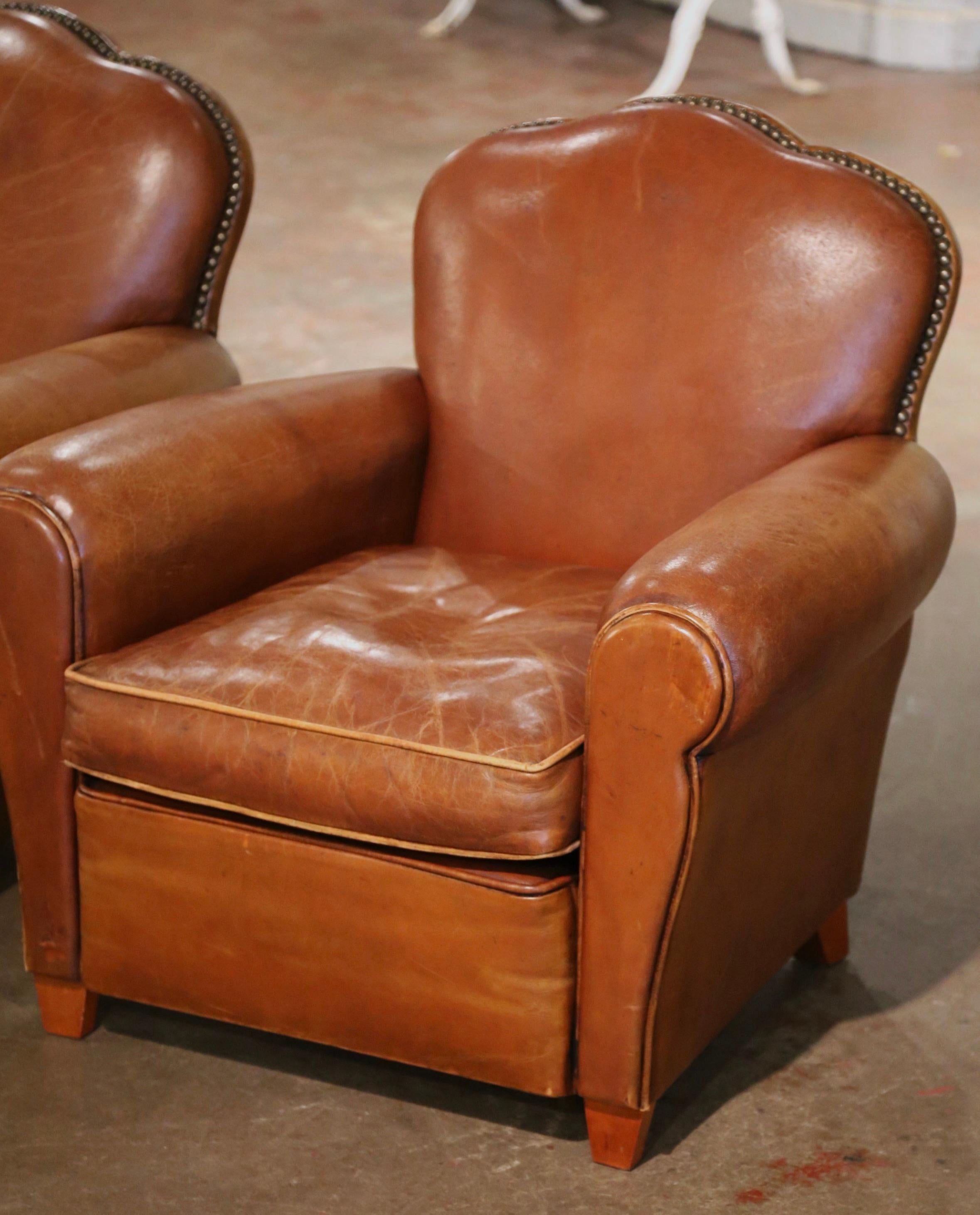 Pair of Midcentury French Art Deco Club Armchairs with Original Brown Leather In Excellent Condition In Dallas, TX