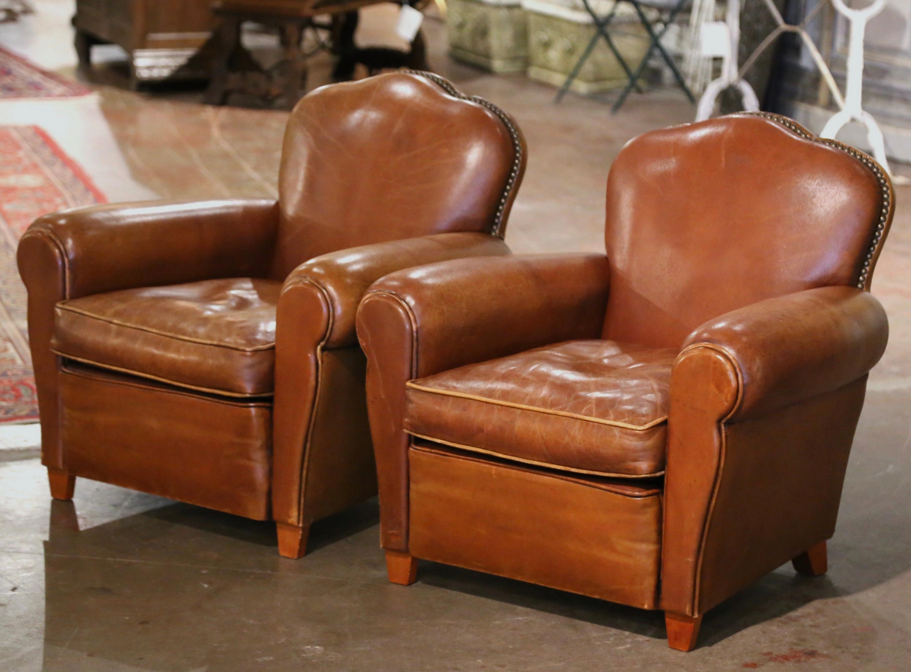 20th Century Pair of Midcentury French Art Deco Club Armchairs with Original Brown Leather