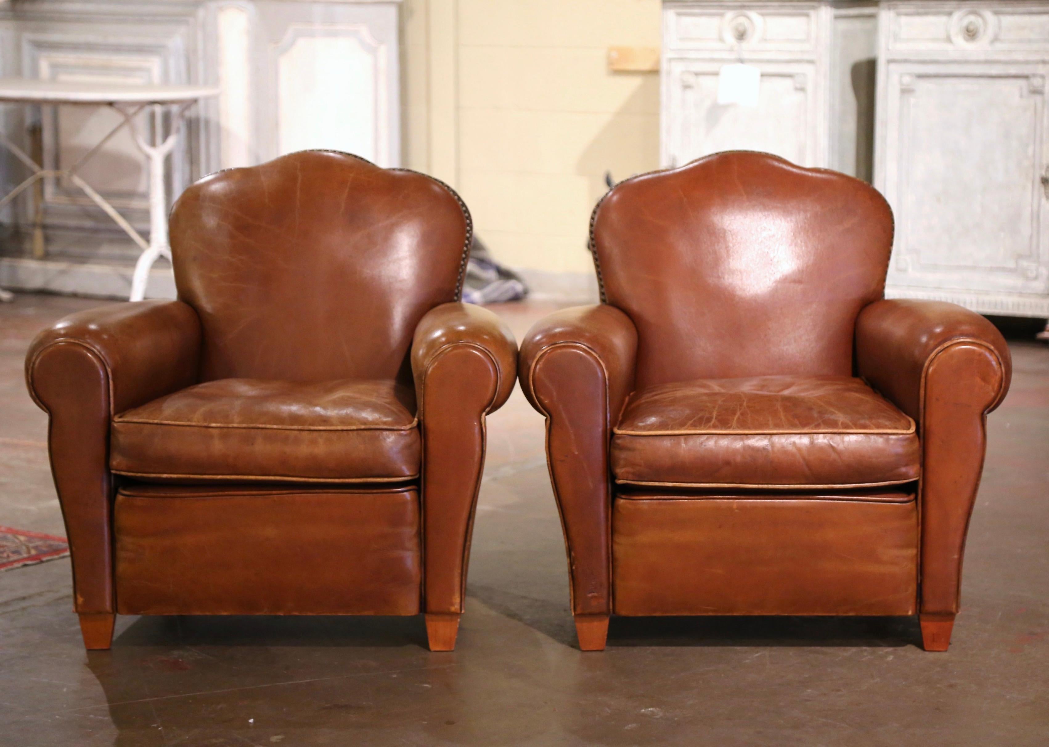 Pair of Midcentury French Art Deco Club Armchairs with Original Brown Leather 1