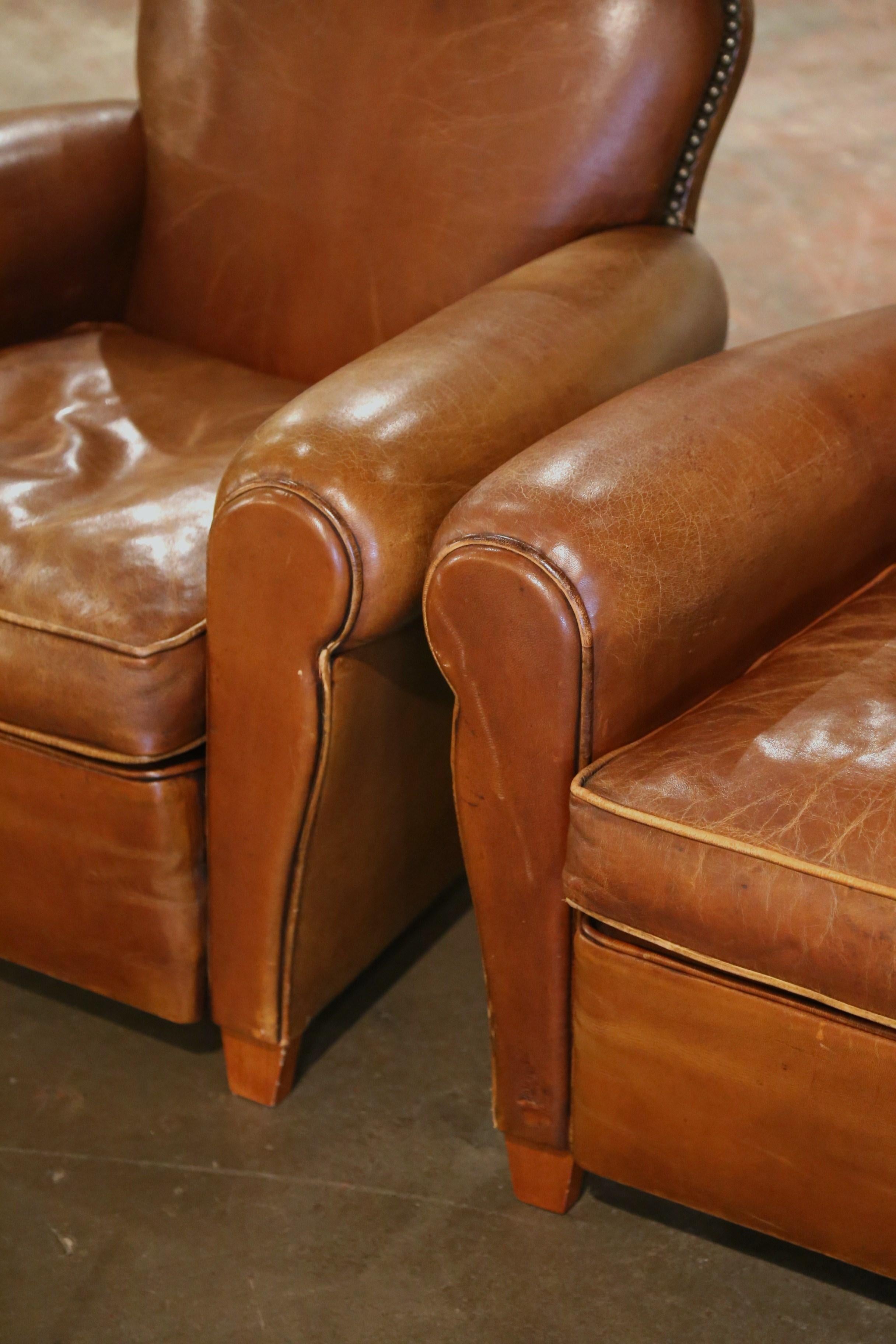 Pair of Midcentury French Art Deco Club Armchairs with Original Brown Leather 2