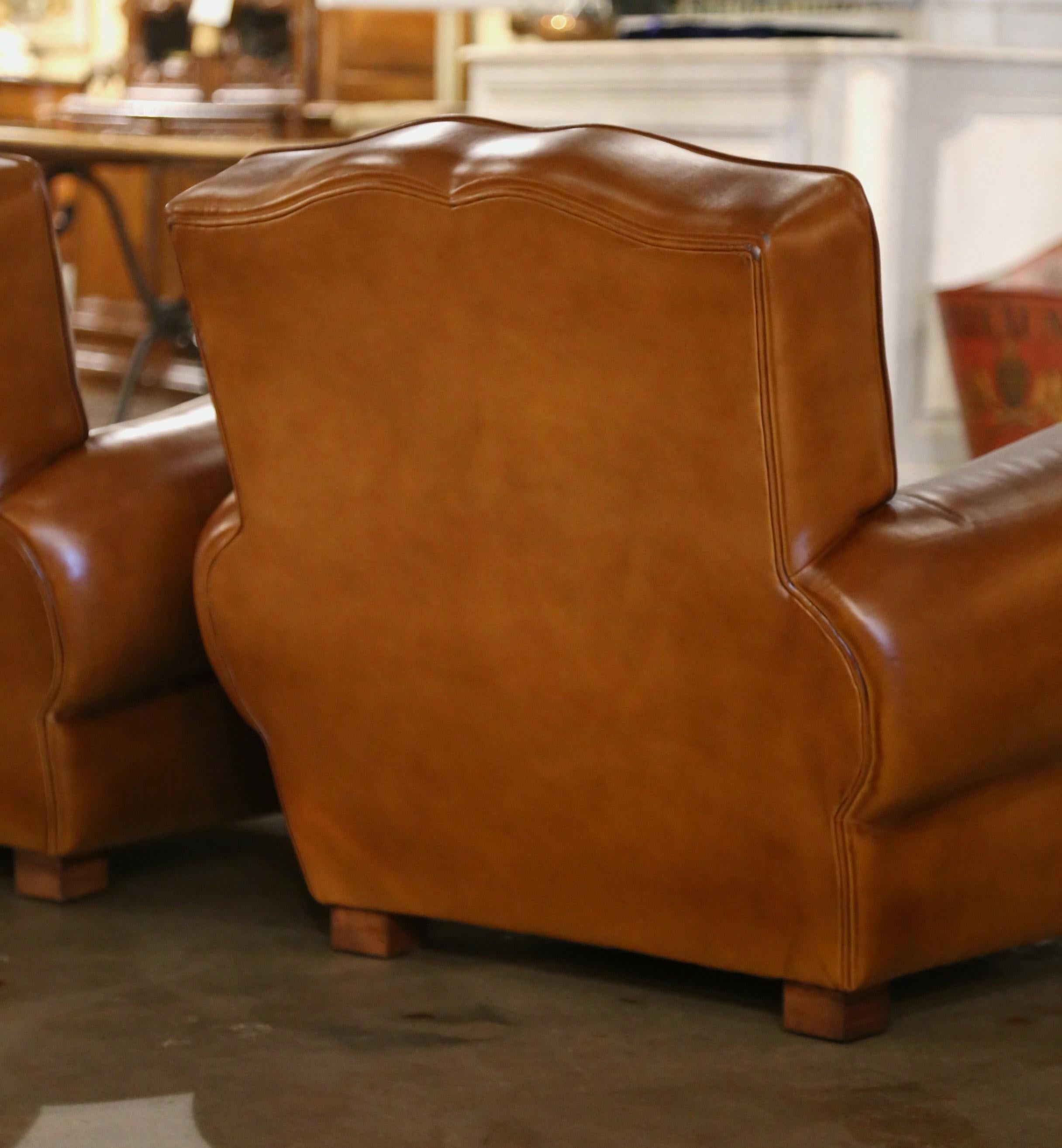 Pair of Mid-Century French Art Deco Tan Leather Club Armchairs 