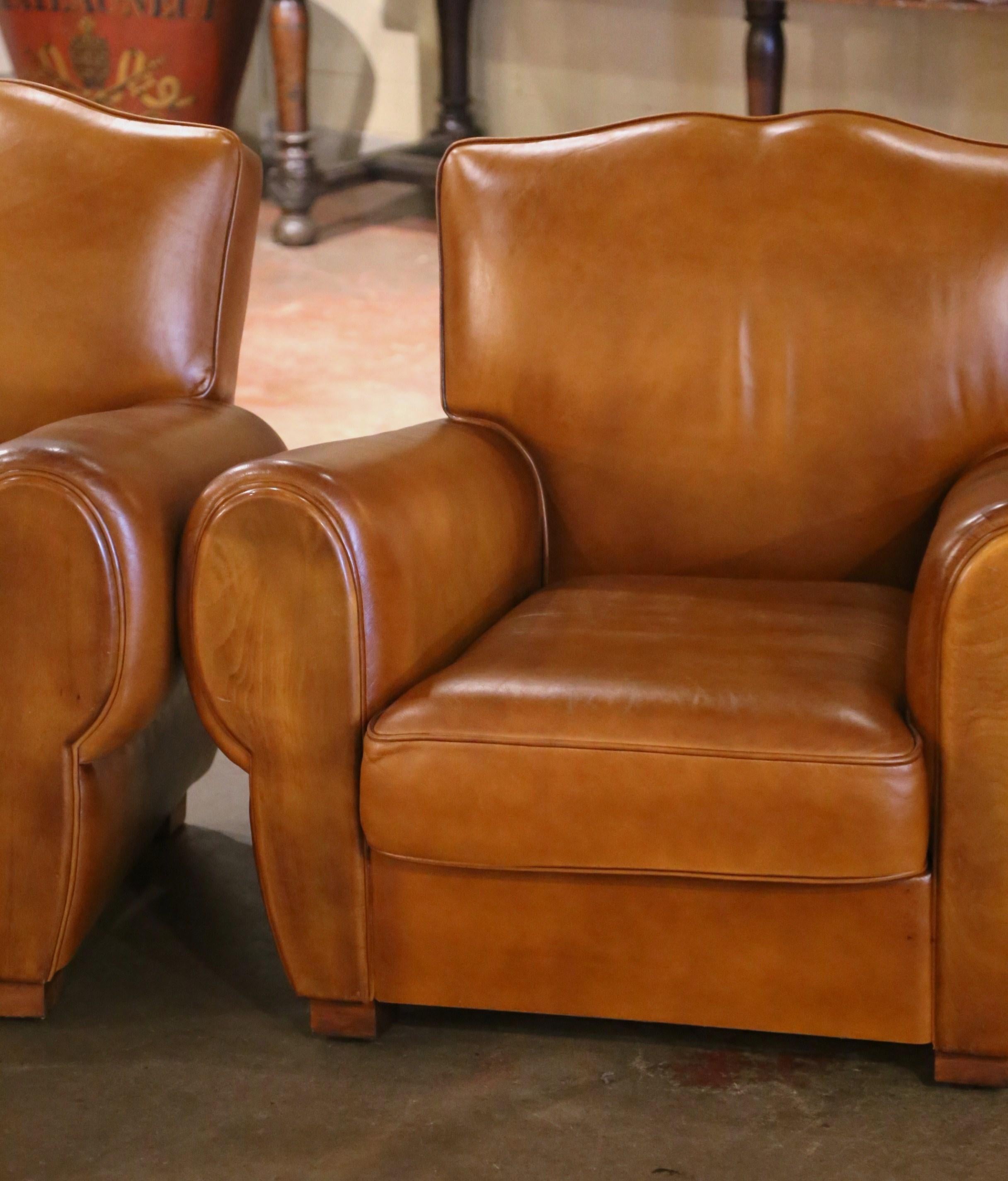 Pair of Mid-Century French Art Deco Tan Leather Club Armchairs 