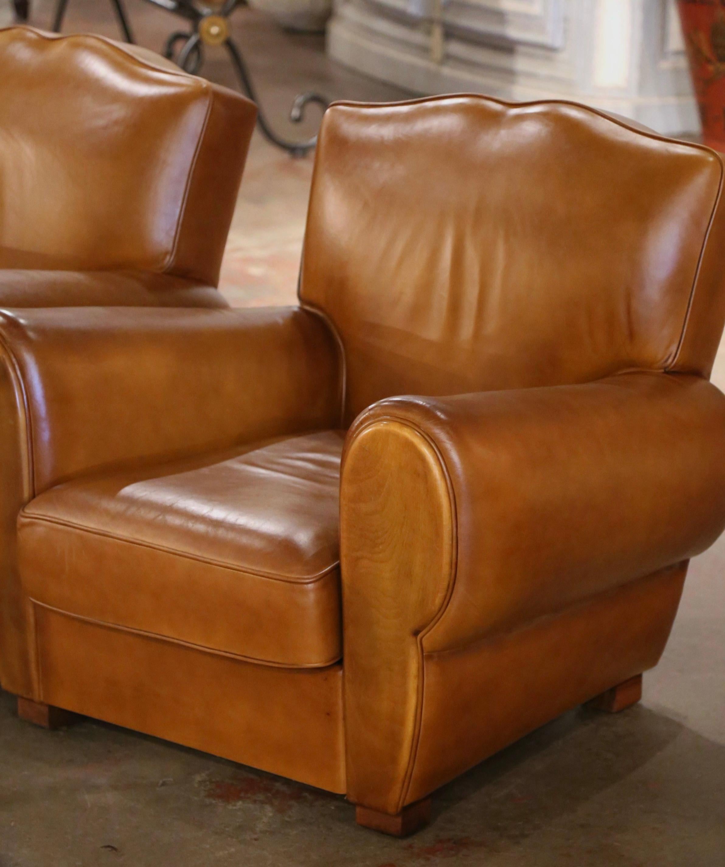 Pair of Mid-Century French Art Deco Tan Leather Club Armchairs 