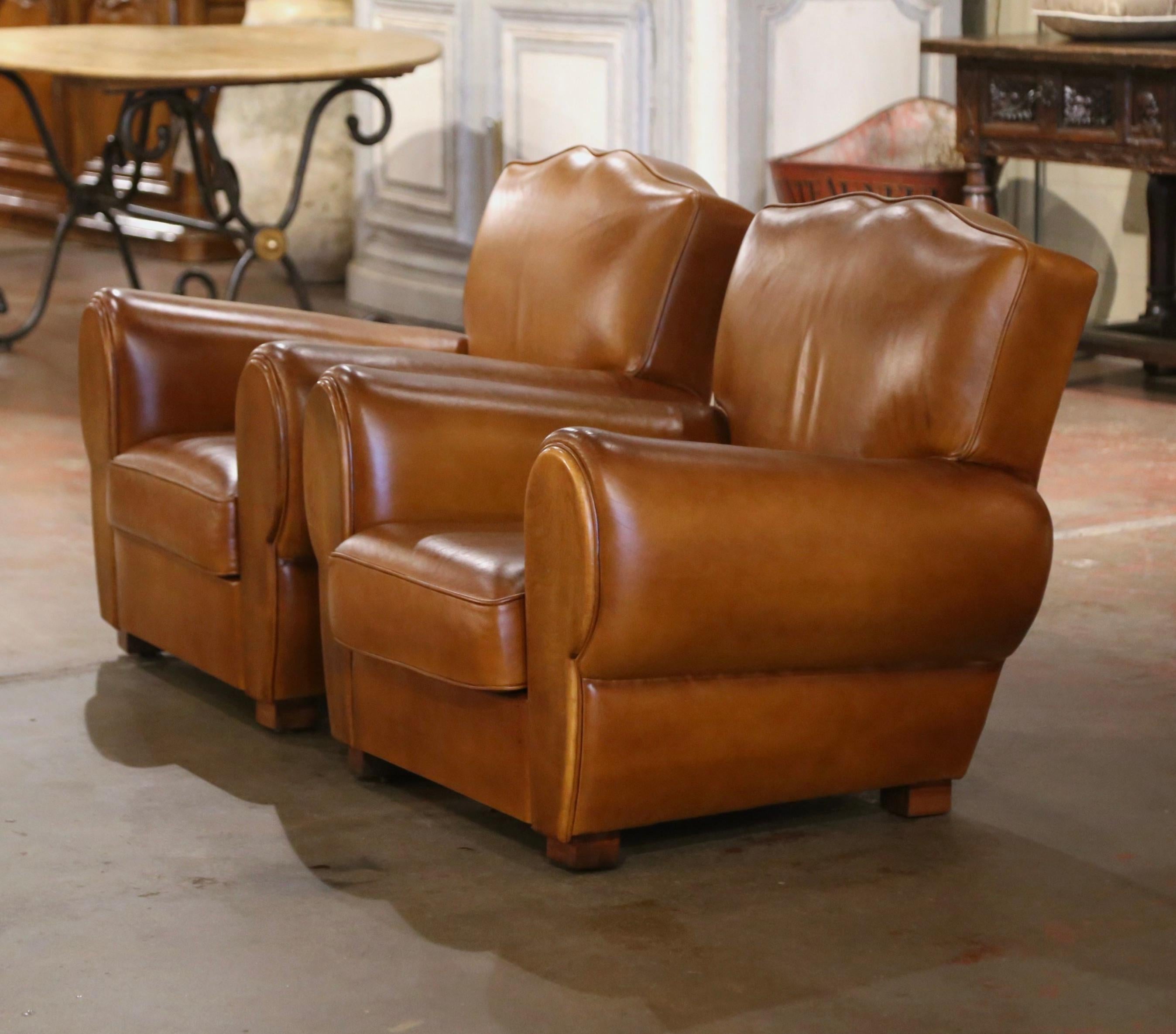 Pair of Mid-Century French Art Deco Tan Leather Club Armchairs 