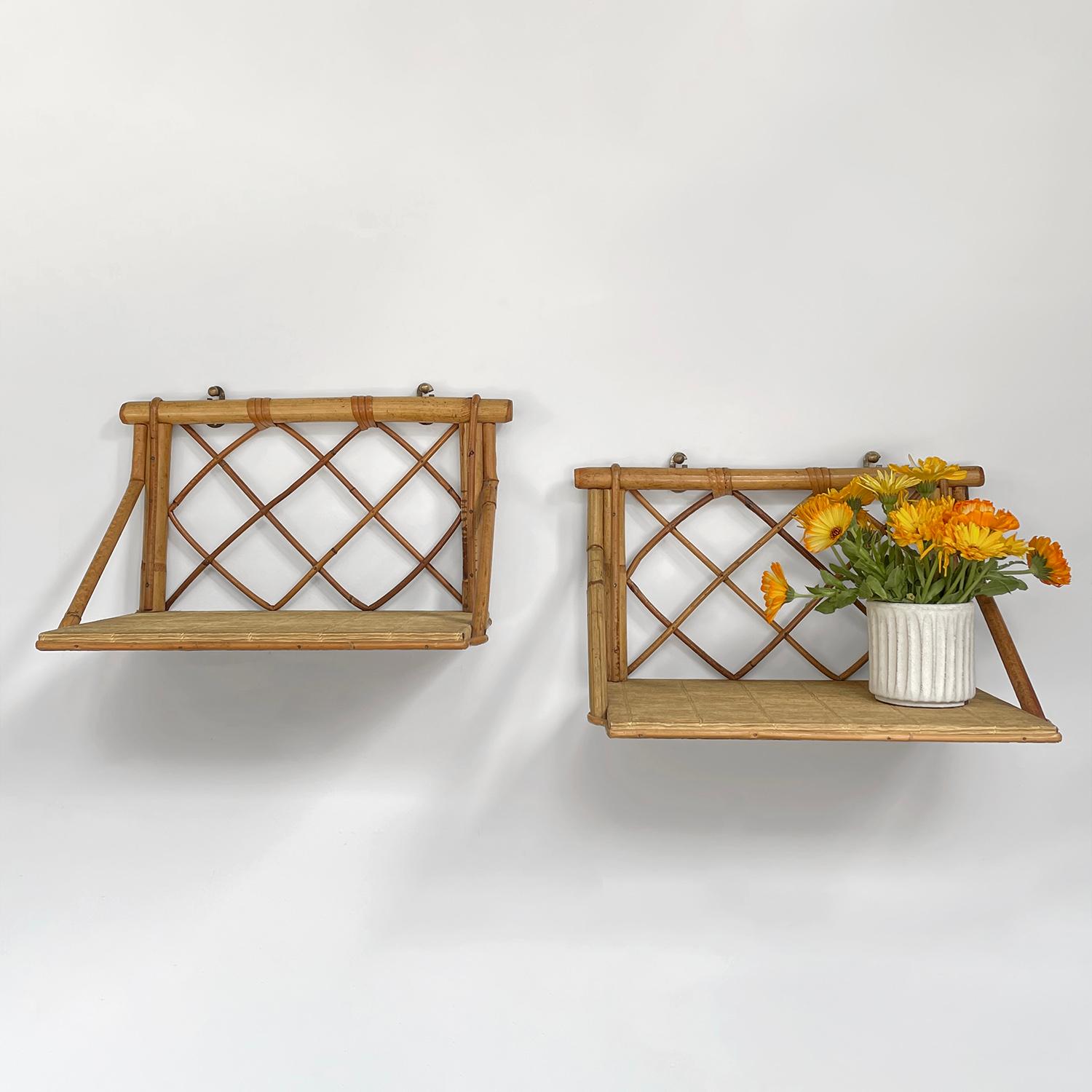 Pair of French bamboo & rattan wall shelves 
France, mid century
This darling pair of shelves would make a lovely addition to any powder room
Perfect for storage of light weight decorative items 
Bamboo frame provides the structure and support for