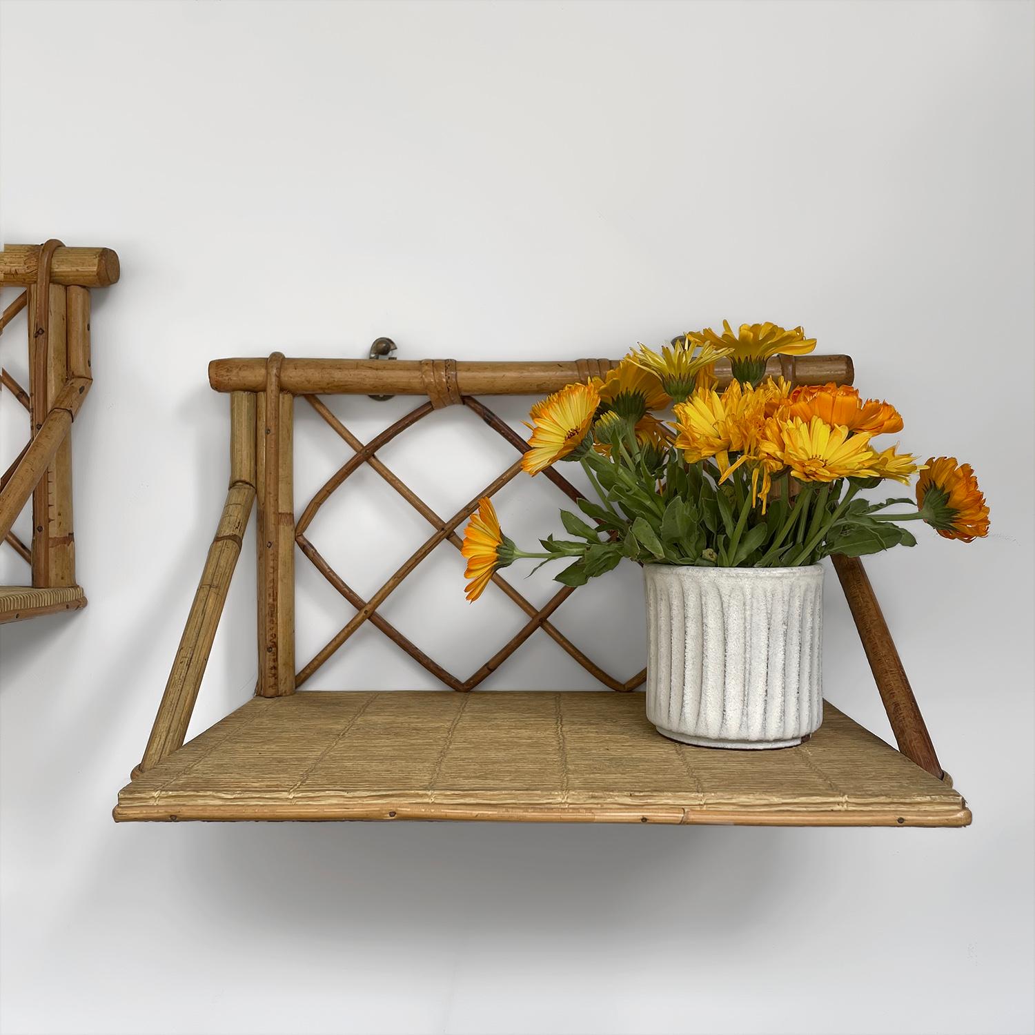 Pair of Mid Century French Bamboo & Rattan Wall Shelves In Good Condition For Sale In Los Angeles, CA