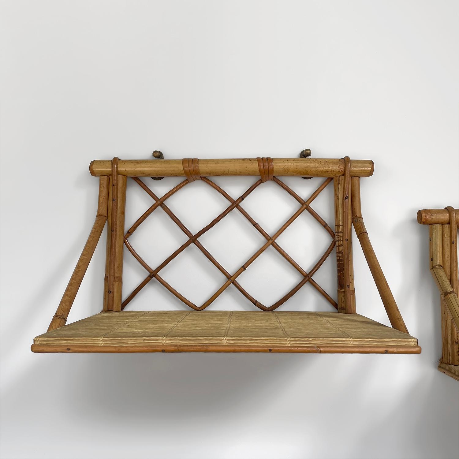 20th Century Pair of Mid Century French Bamboo & Rattan Wall Shelves For Sale