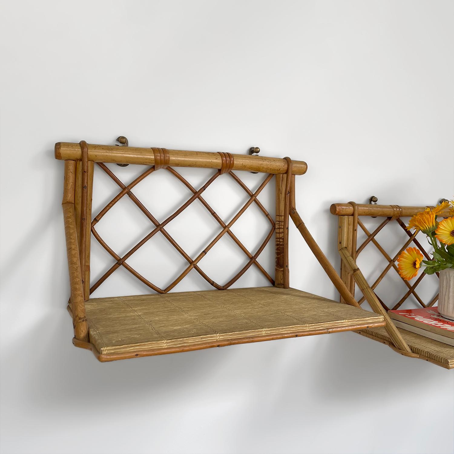 Pair of Mid Century French Bamboo & Rattan Wall Shelves For Sale 1