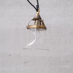 Pair of Mid-Century French Bell Shaped Clear Glass and Brass Pendants