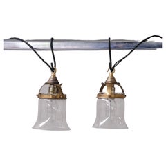 Retro Pair of Mid-Century French Bell Shaped Clear Glass and Brass Pendants 