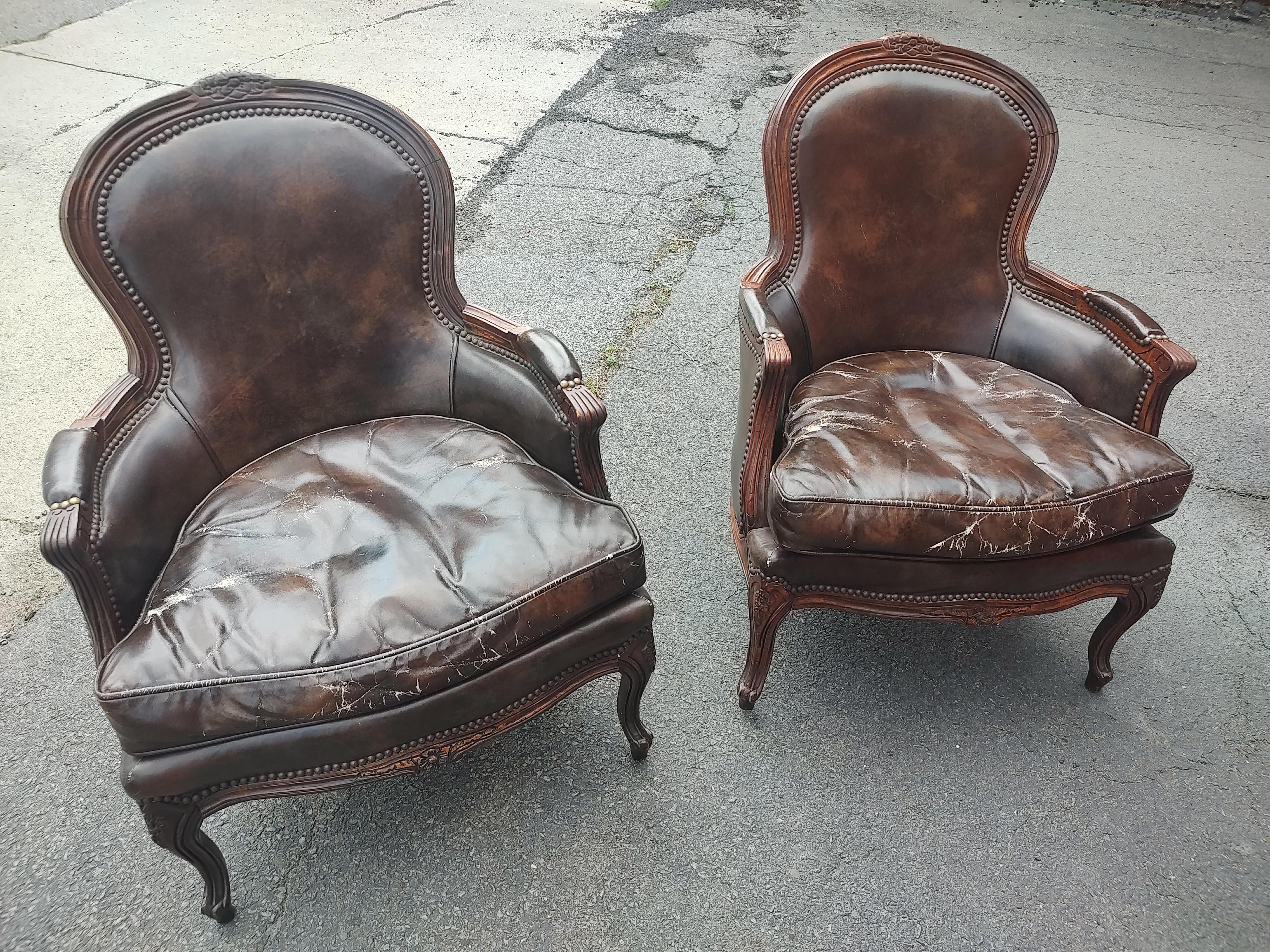 Pair of Midcentury French Bergeres in Brown Leather & Walnut 1965 For Sale 11
