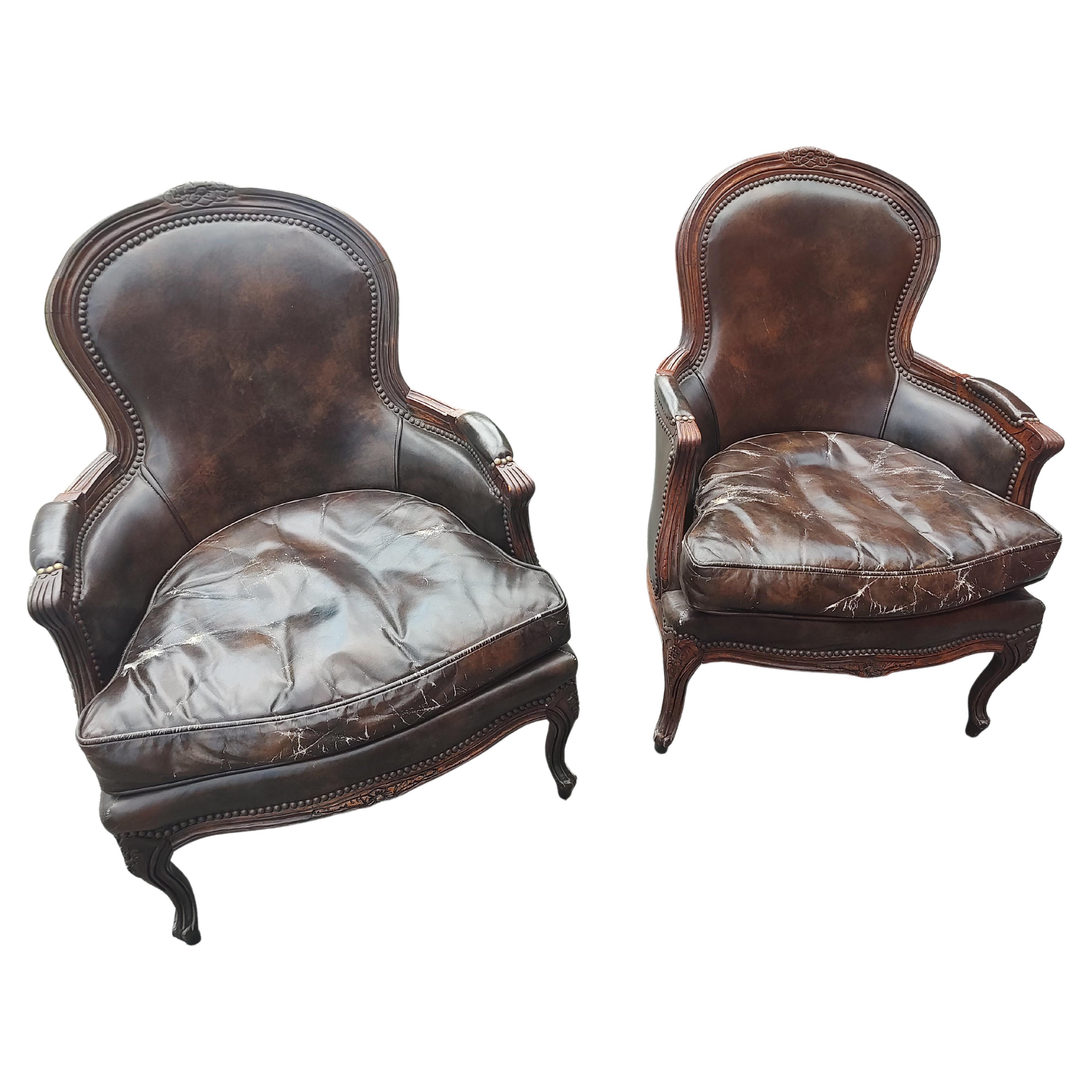 Pair of Midcentury French Bergeres in Brown Leather & Walnut 1965 For Sale 7