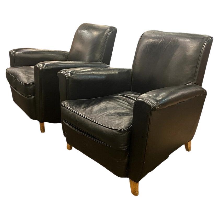 Pair of Mid Century French Black Leather Club Chairs