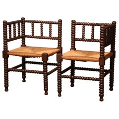 Pair of Mid-Century French Bobbin Turned Oak and Rush Seat Low Corner Chairs