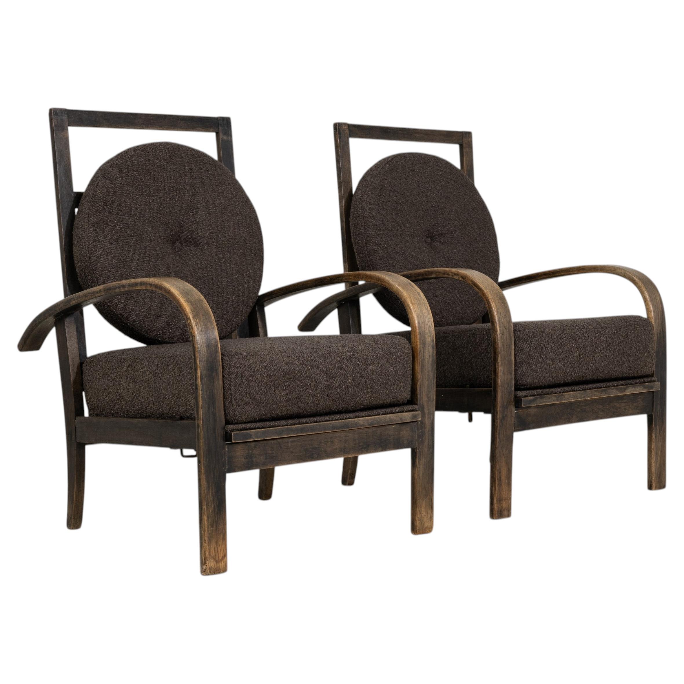 Pair of Mid-Century French Bouclé Upholstered Armchairs with Reclining Backrests