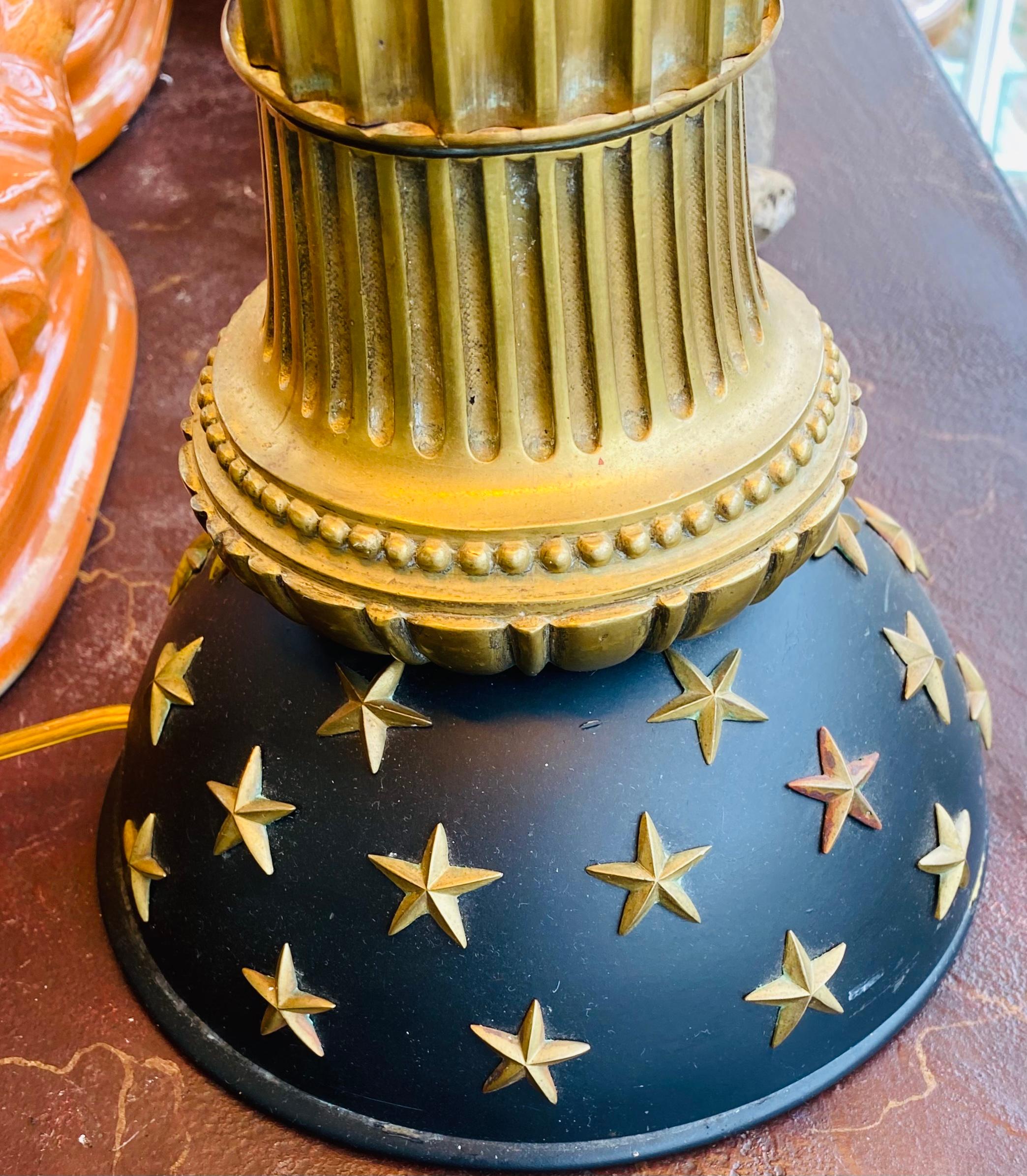 Empire 19th Century French Bronze and Black Painted Column Lamps with Star Design For Sale