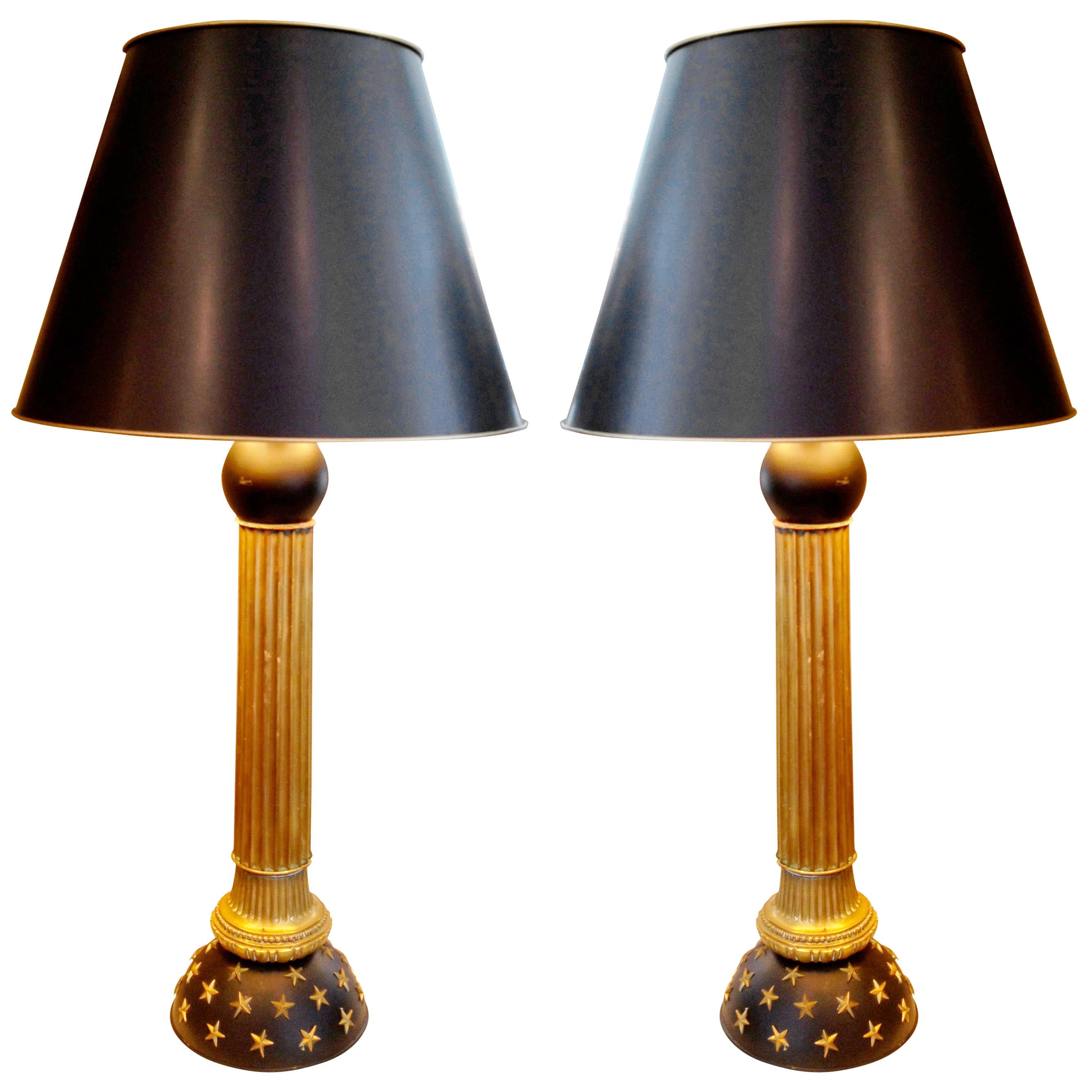 19th Century French Bronze and Black Painted Column Lamps with Star Design For Sale