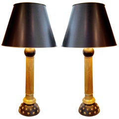 19th Century French Bronze and Black Painted Column Lamps with Star Design