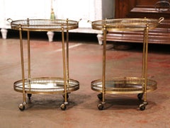 Pair of Mid-Century French Brass and Mirrored Two-Tier Service Bar Carts