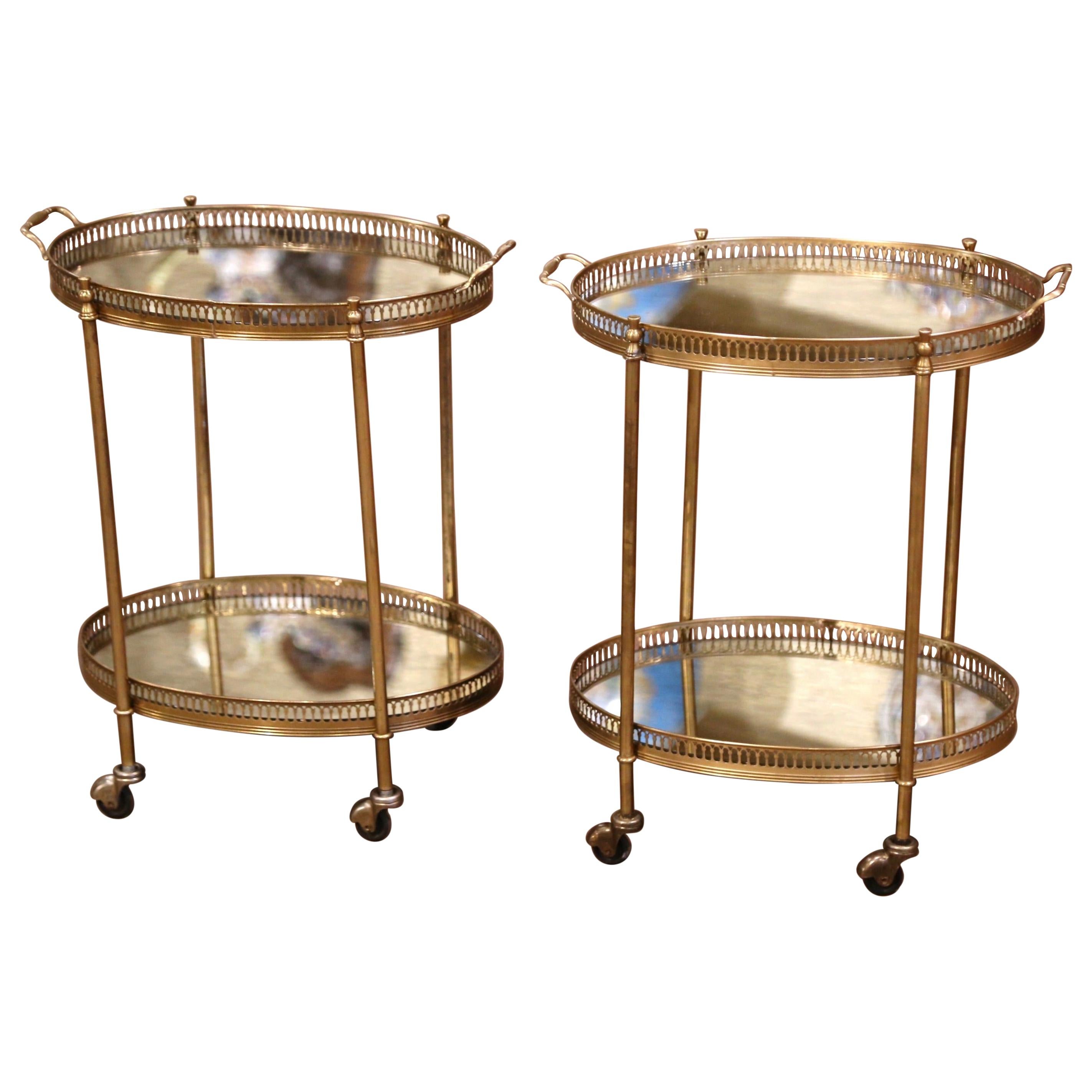 Pair of Mid-Century French Brass and Mirrored Two-Tier Service Bar Carts