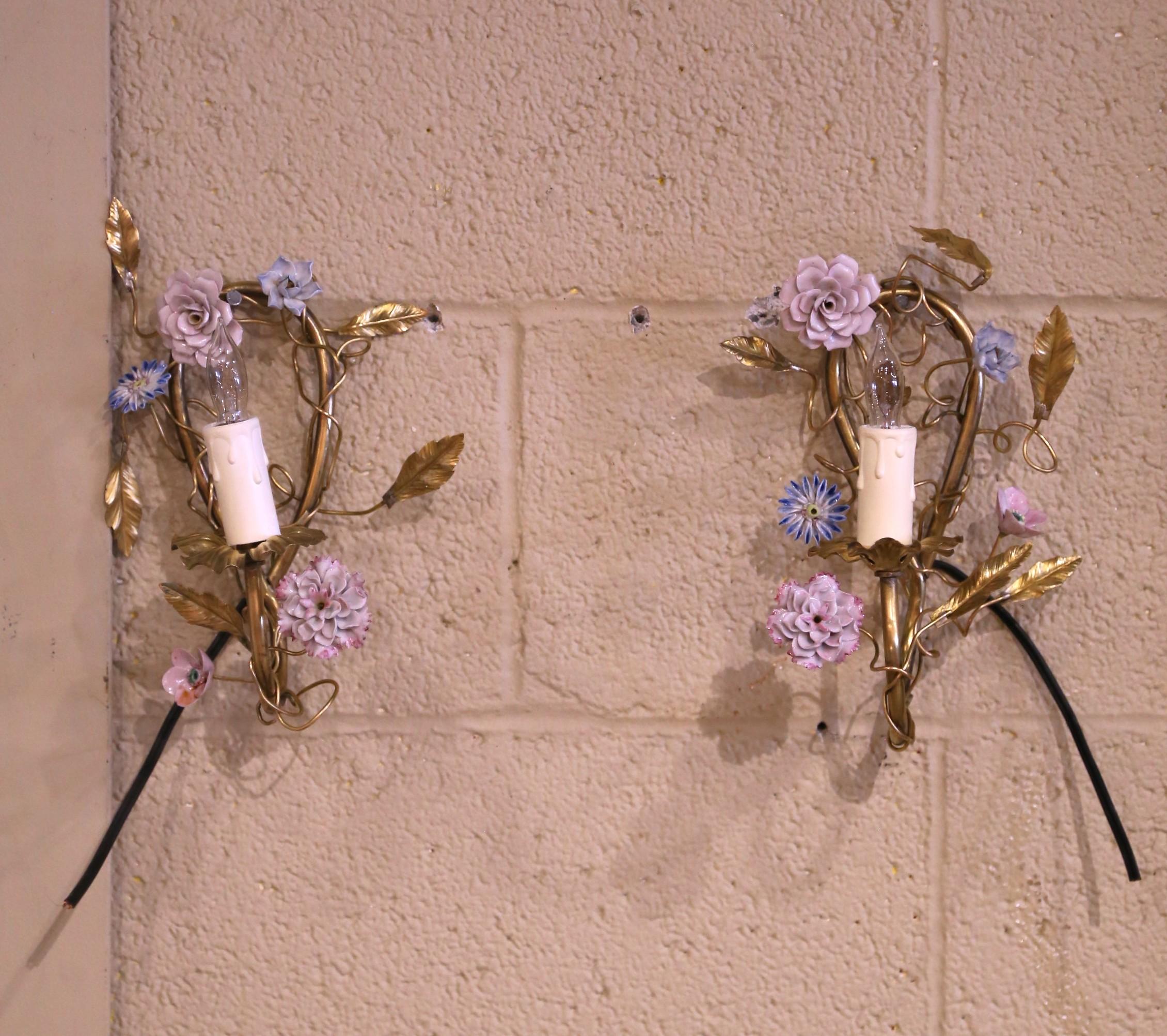 Bronze Pair of Mid-Century French Brass and Painted Porcelain Single-Light Wall Sconces For Sale