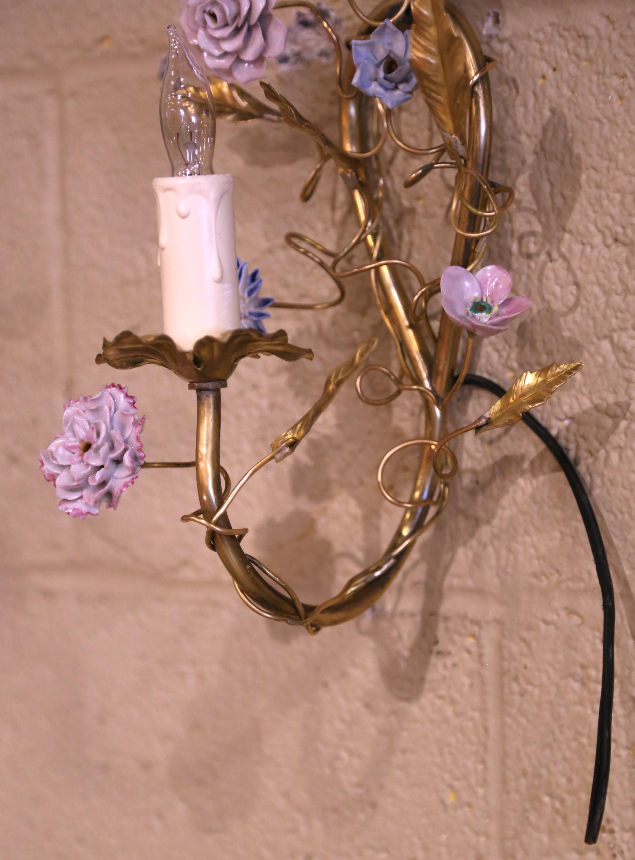 Pair of Mid-Century French Brass and Painted Porcelain Single-Light Wall Sconces For Sale 1