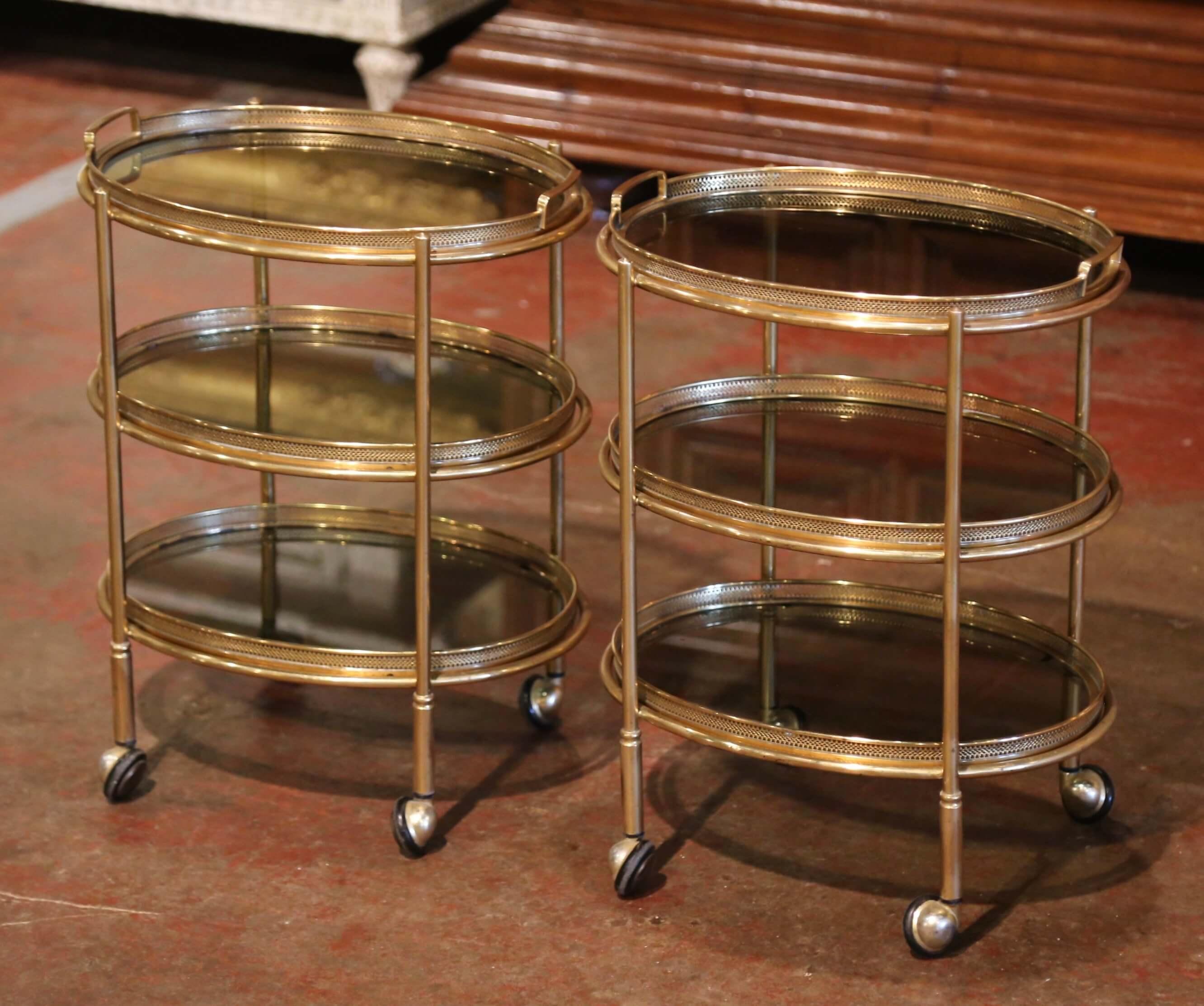 Pair of Mid-Century French Brass and Smoked Glass Three-Tier Service Bar Carts 4