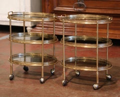 Pair of Mid-Century French Brass and Smoked Glass Three-Tier Service Bar Carts