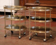 Pair of Mid-Century French Brass and Smoked Glass Three-Tier Service Bar Carts