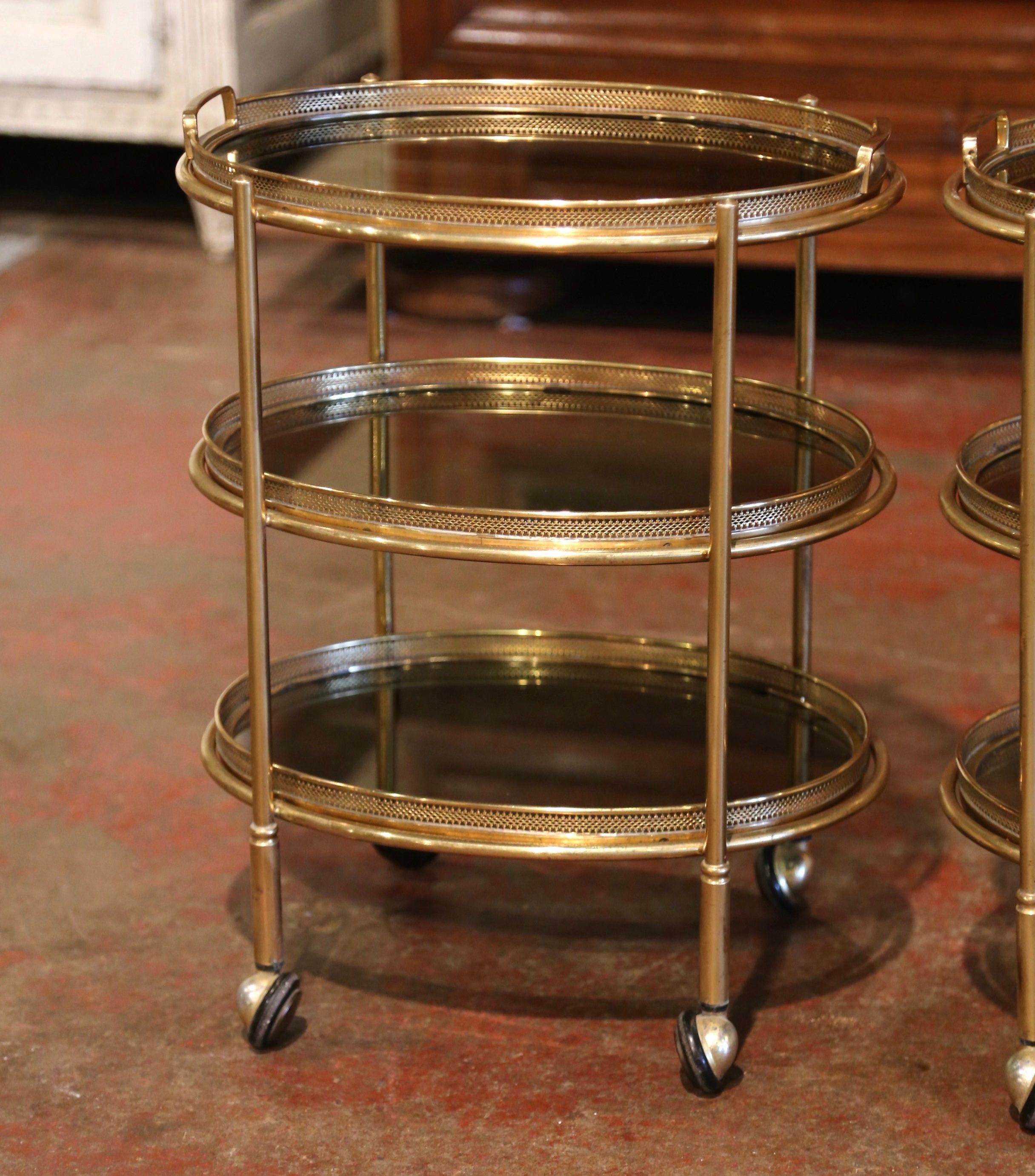 Art Deco Pair of Mid-Century French Brass and Smoked Glass Three-Tier Service Bar Carts
