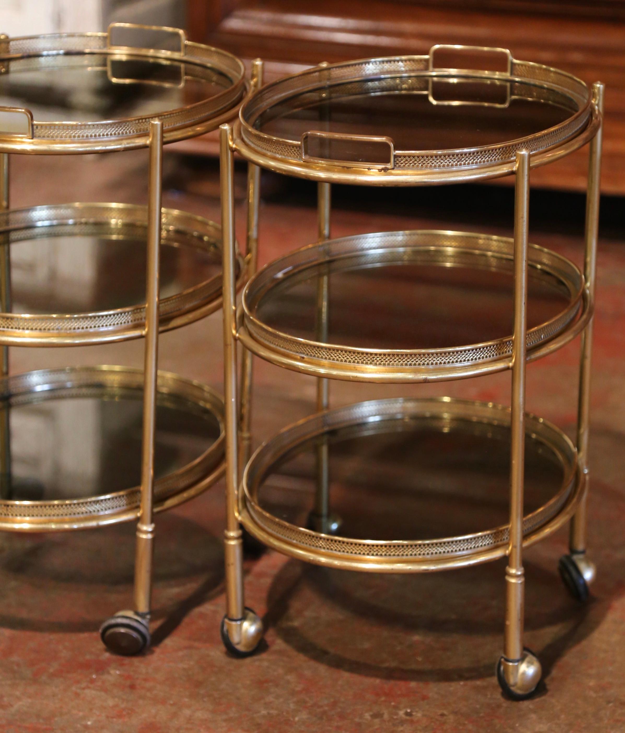 Pair of Mid-Century French Brass and Smoked Glass Three-Tier Service Bar Carts 1