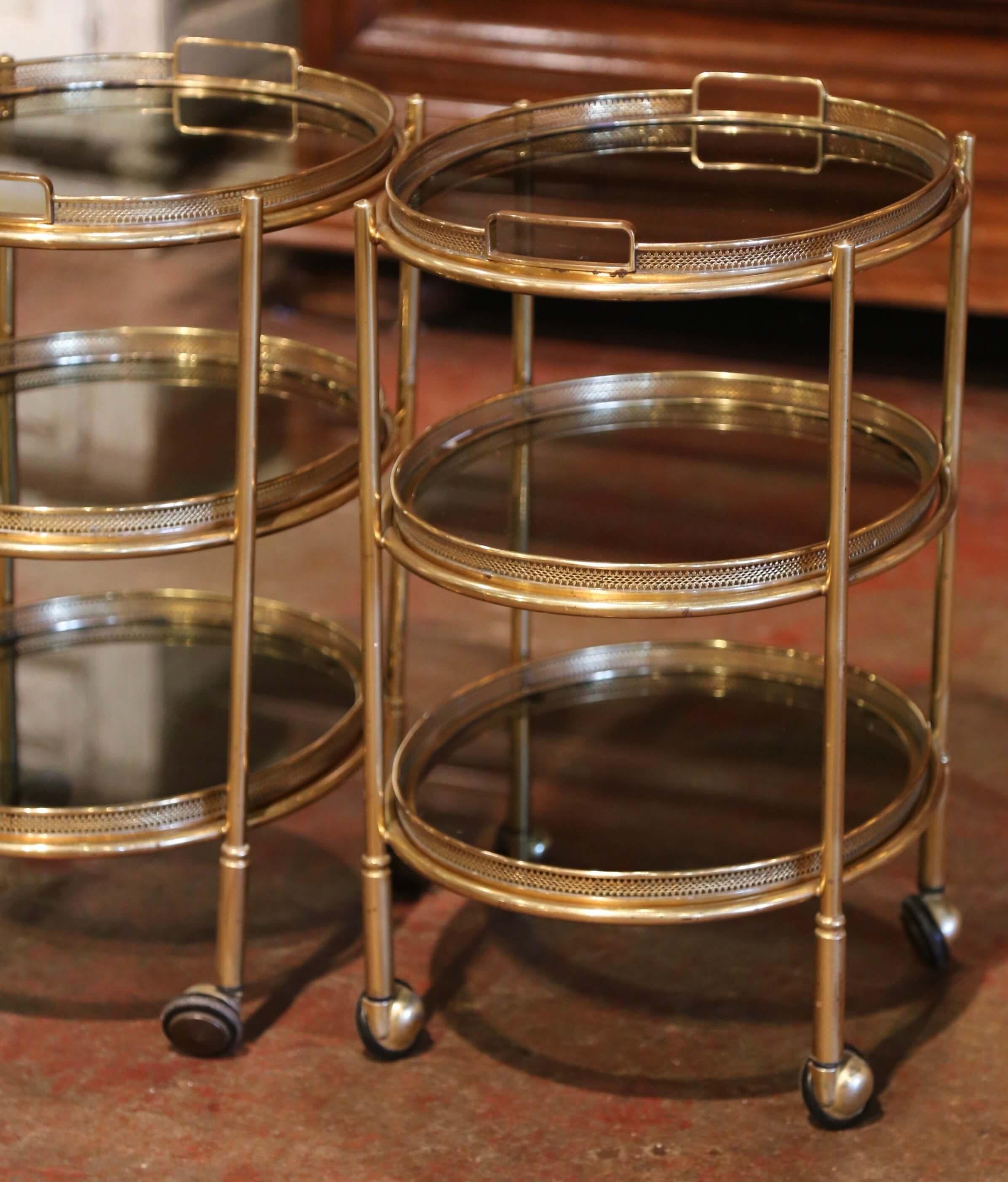 Pair of Mid-Century French Brass and Smoked Glass Three-Tier Service Bar Carts 2