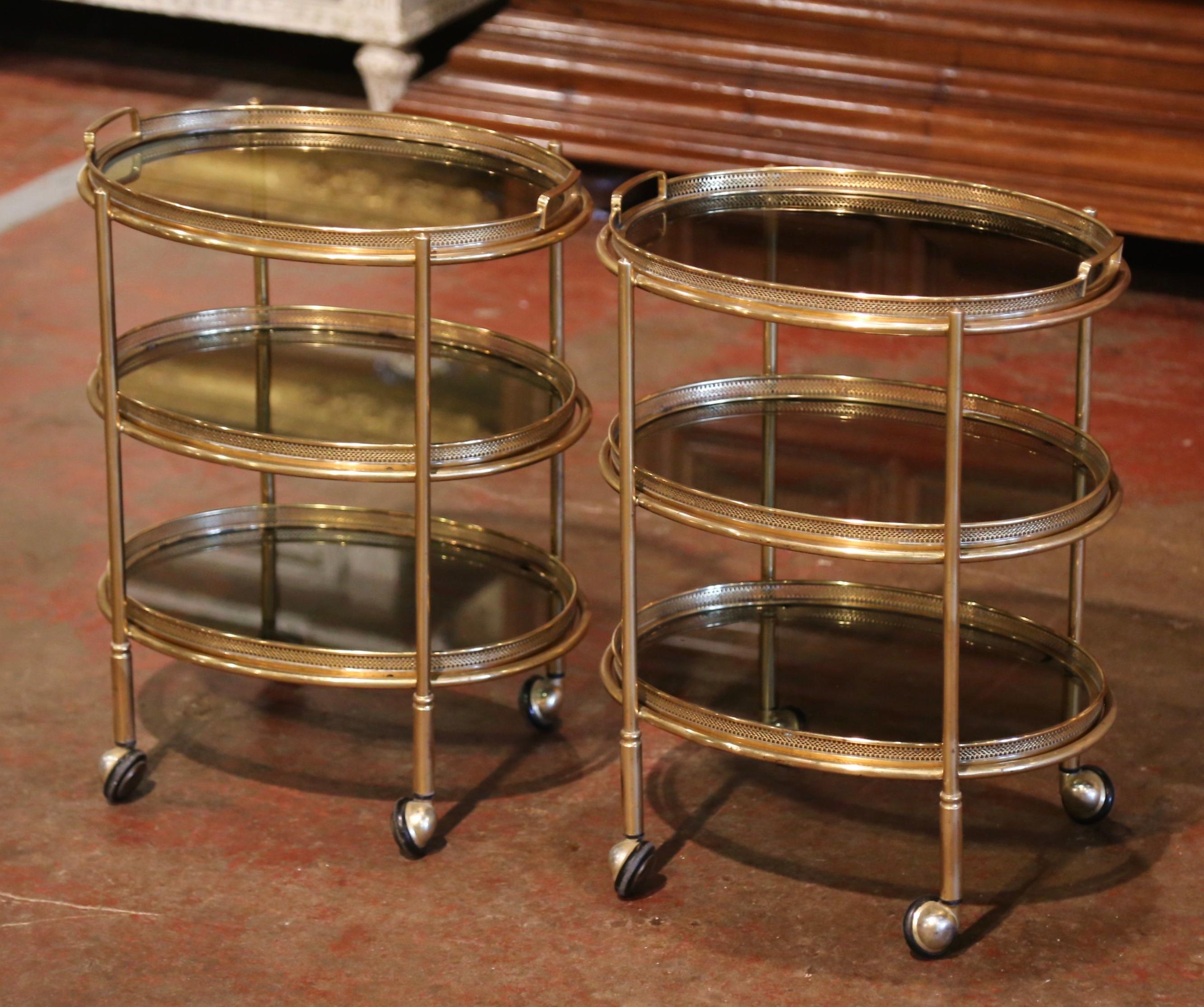 Pair of Mid-Century French Brass and Smoked Glass Three-Tier Service Bar Carts 3