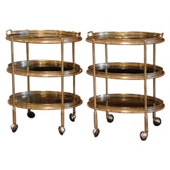 Antique Pair of Mid-Century French Brass and Smoked Glass Three-Tier Service Bar Carts